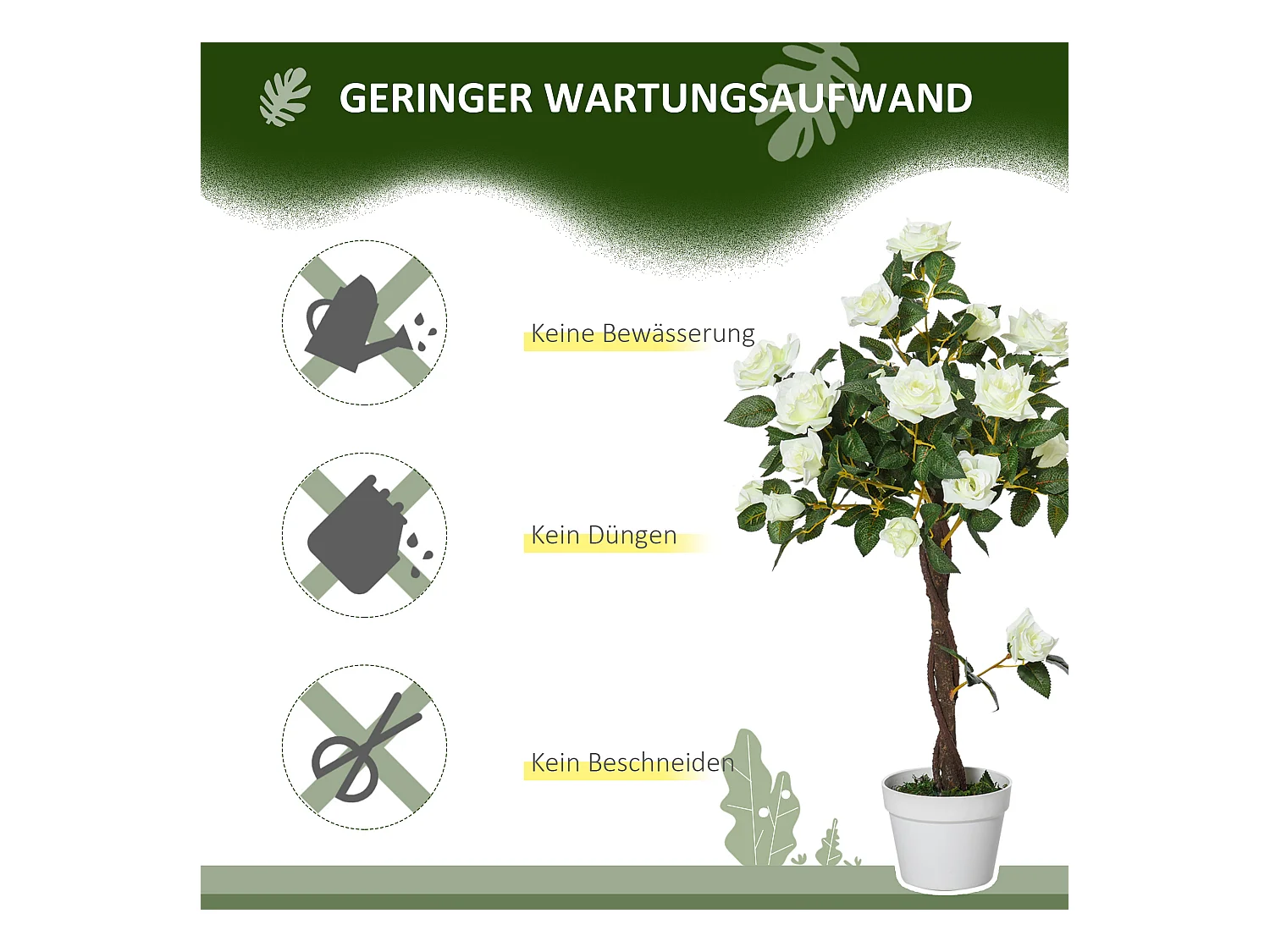 Plantes artificielles Roses, plastique, vert, avec pot en ciment (18x18x90 cm)