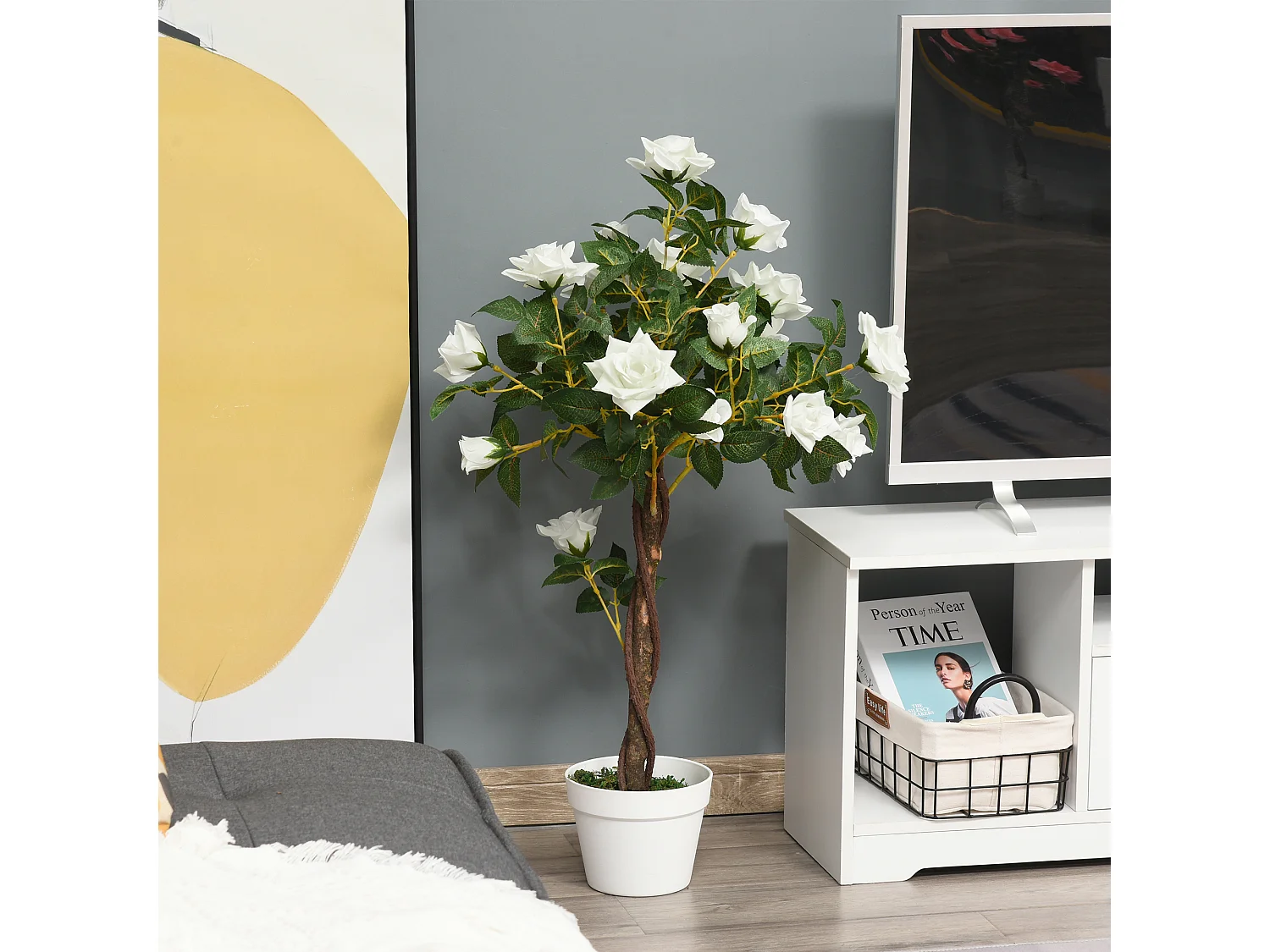 Plantes artificielles Roses, plastique, vert, avec pot en ciment (18x18x90 cm)