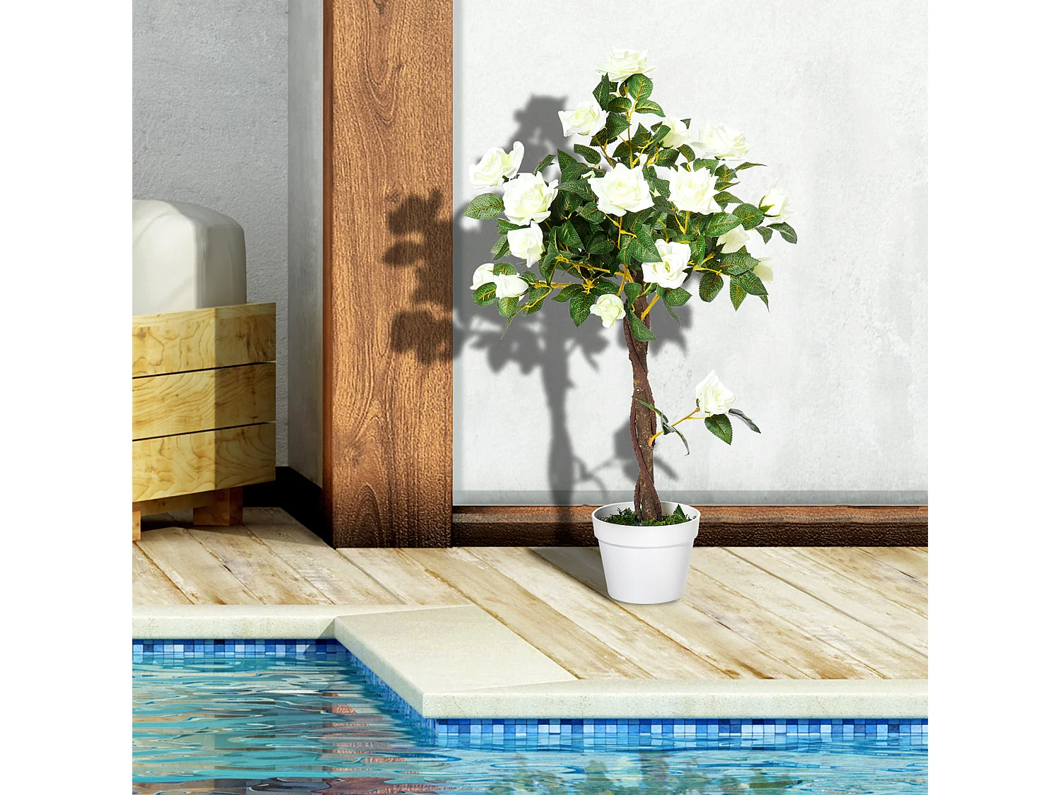 Plantes artificielles Roses, plastique, vert, avec pot en ciment (18x18x90 cm)