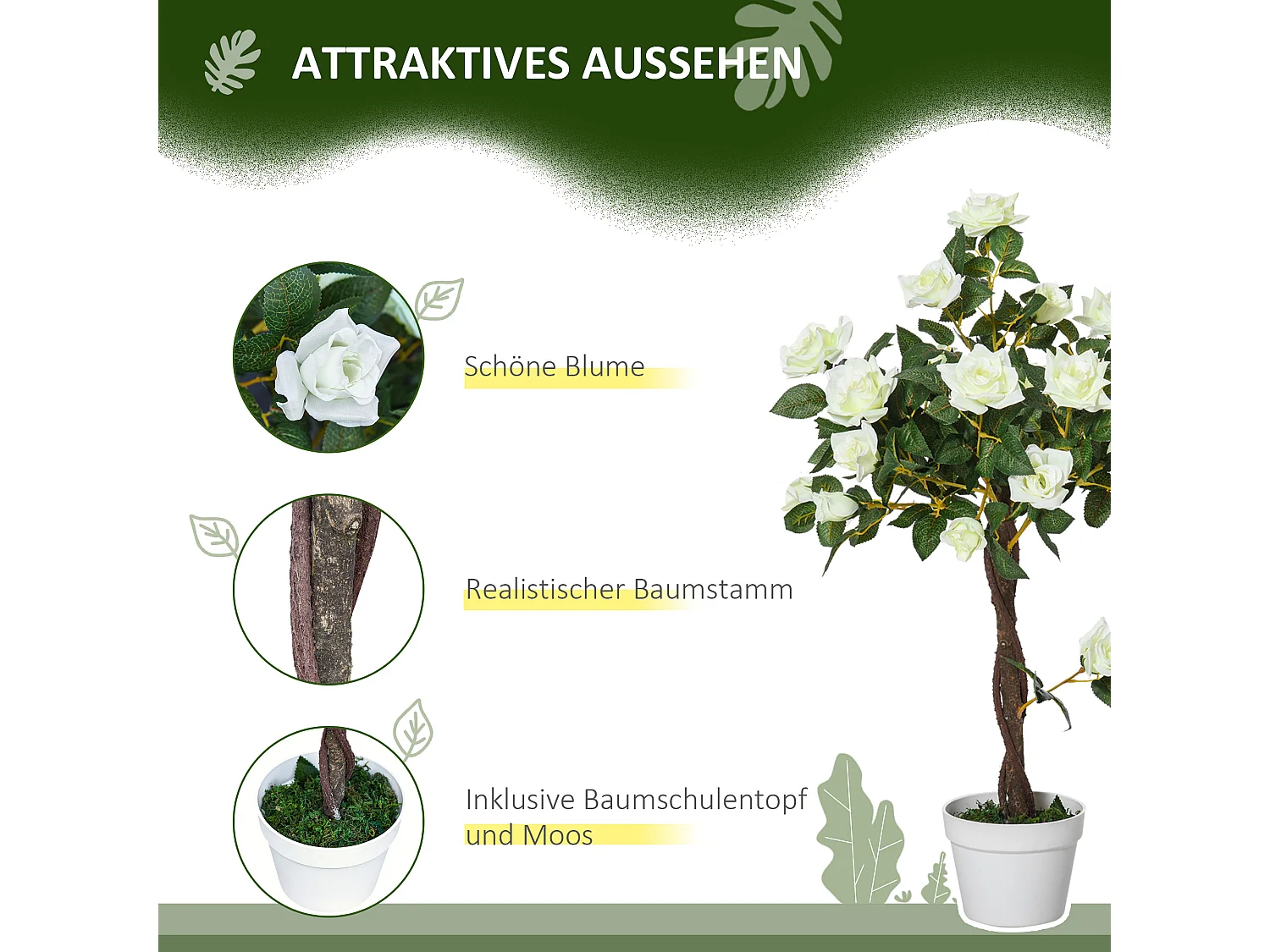 Plantes artificielles Roses, plastique, vert, avec pot en ciment (18x18x90 cm)