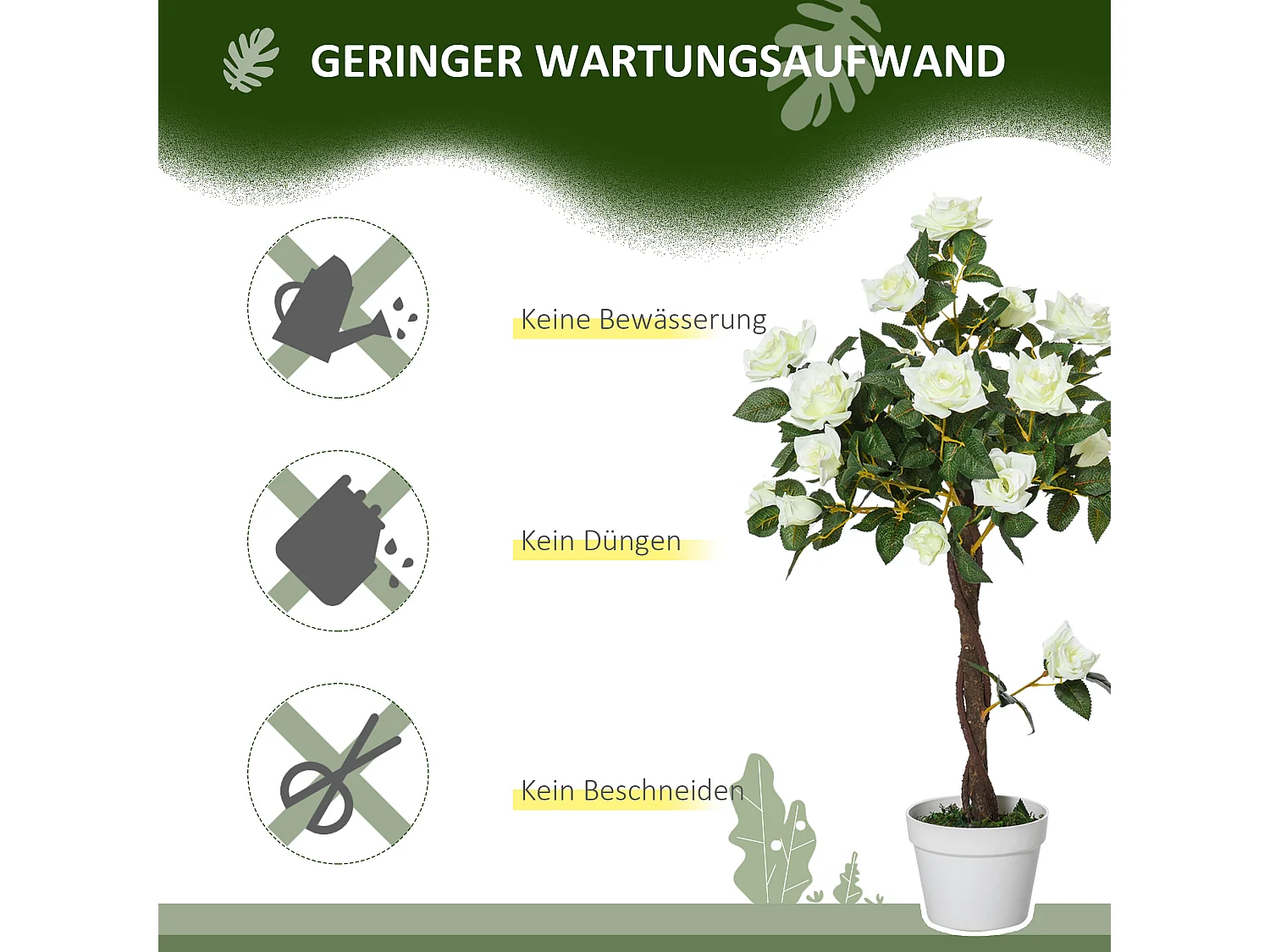 Plantes artificielles Roses, plastique, vert, avec pot en ciment (18x18x90 cm)