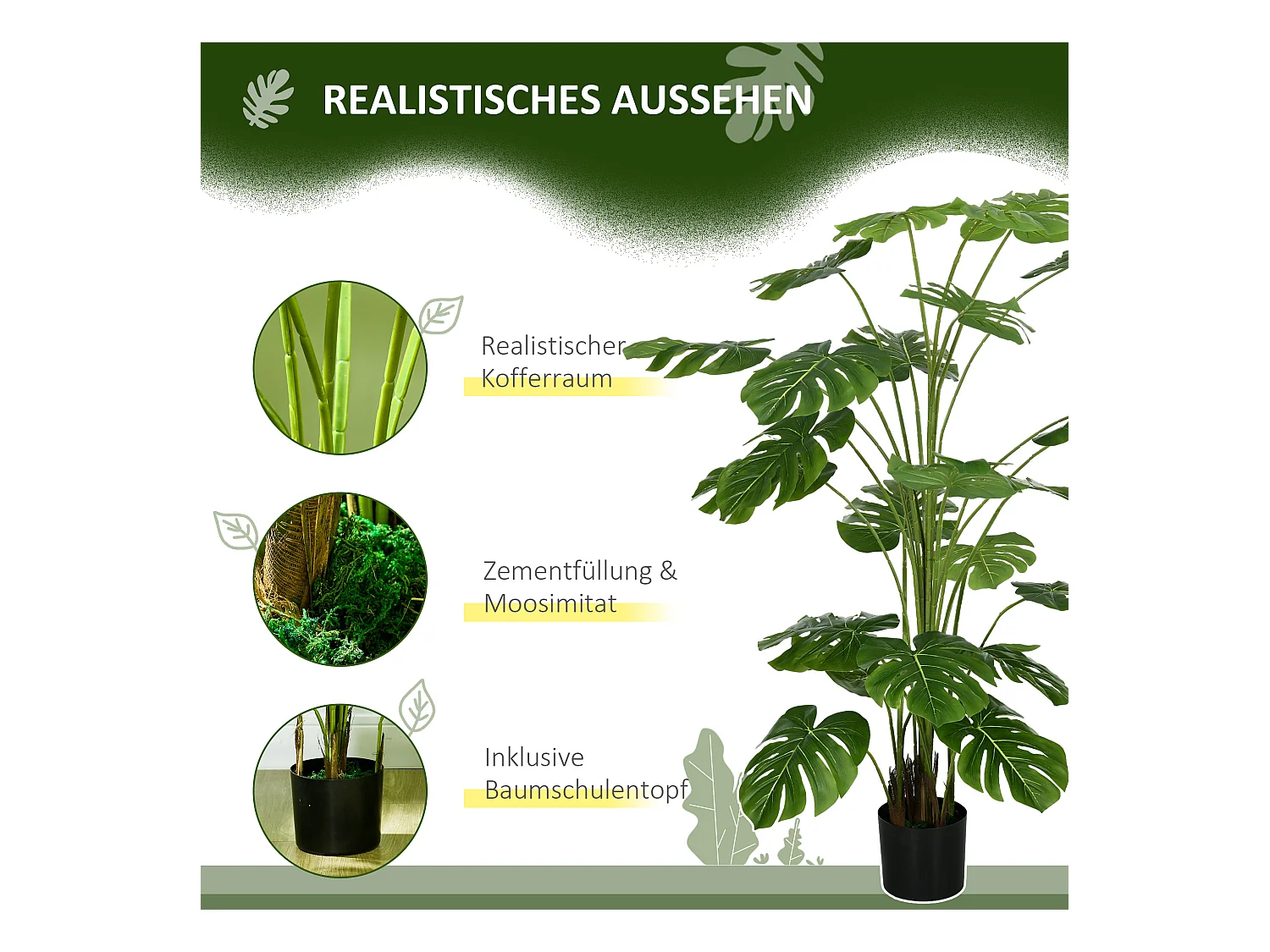 Plante artificielle Monstera Deliciosa, 180 cm, avec 24 branches, plante décorative pour intérieur, plastique, vert (20x20x180 cm)