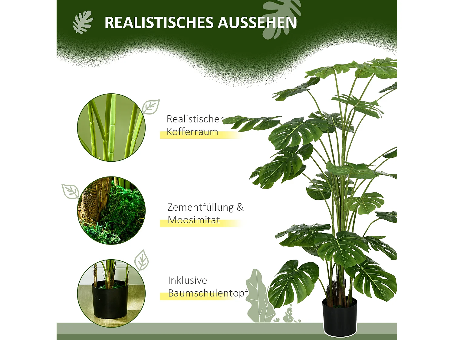 Plante artificielle Monstera Deliciosa, 180 cm, avec 24 branches, plante décorative pour intérieur, plastique, vert (20x20x180 cm)