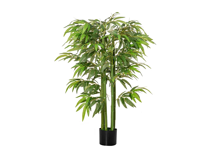 Bambou artificiel grand, feuilles réalistes, plastique, vert, pot stable noir (17x17x140cm)