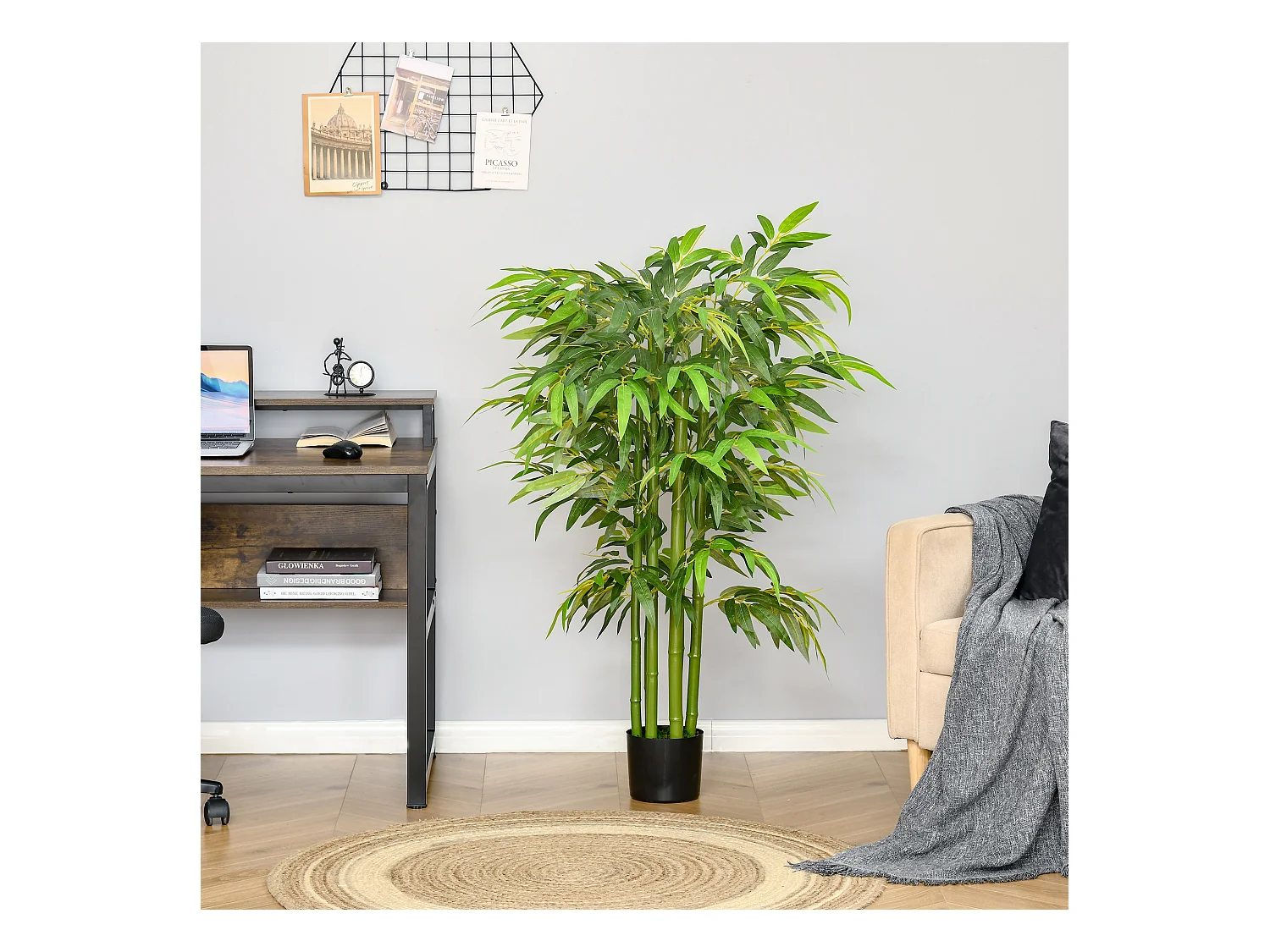 Bambou artificiel grand, feuilles réalistes, plastique, vert, pot stable noir (17x17x140cm)