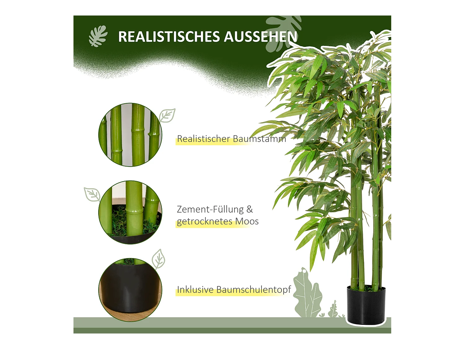 Bambou artificiel grand, feuilles réalistes, plastique, vert, pot stable noir (17x17x140cm)