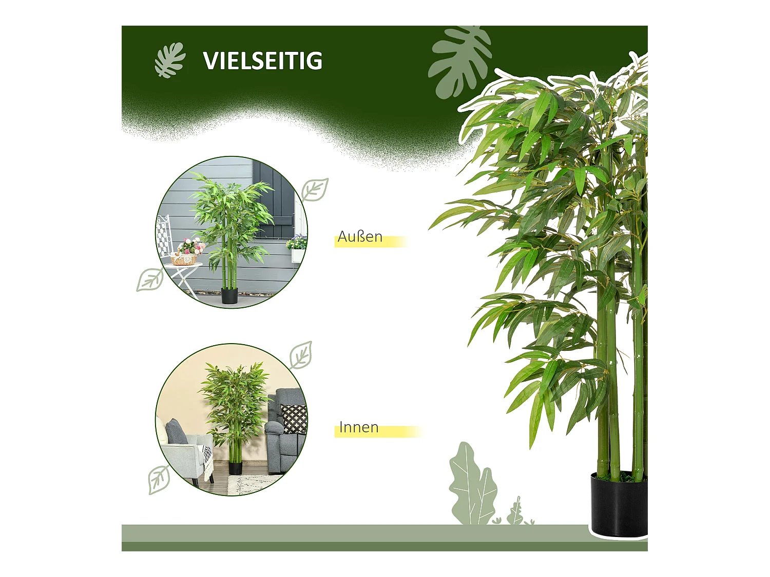 Bambou artificiel grand, feuilles réalistes, plastique, vert, pot stable noir (17x17x140cm)