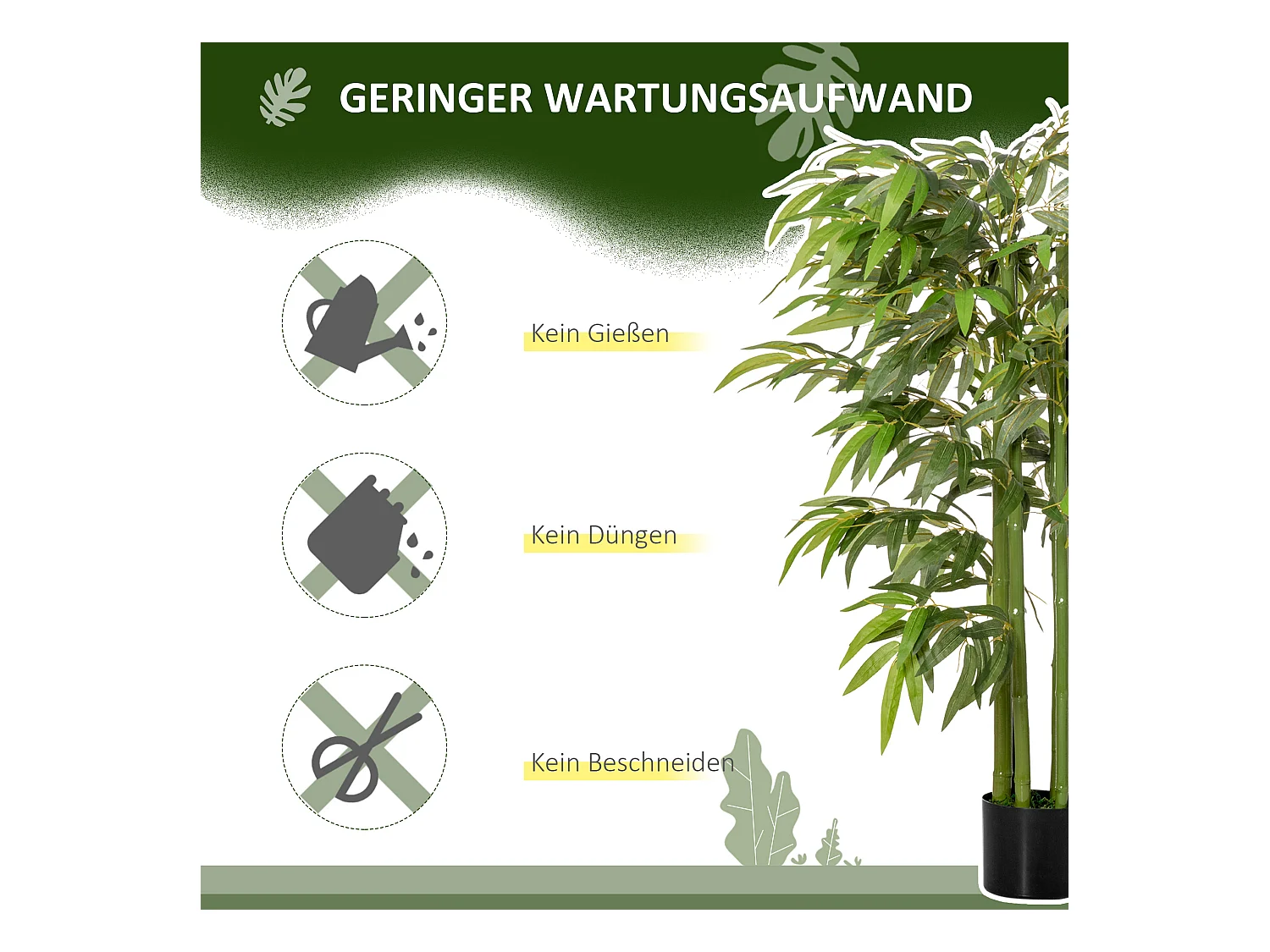 Bambou artificiel grand, feuilles réalistes, plastique, vert, pot stable noir (17x17x140cm)