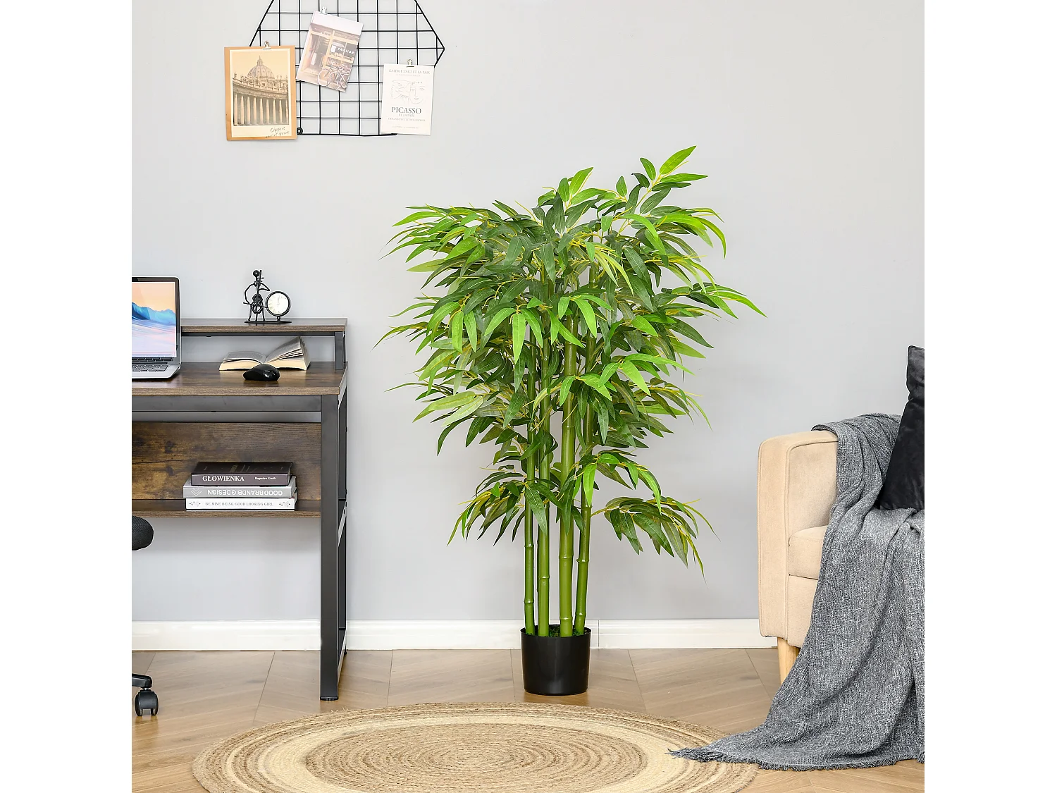 Bambou artificiel grand, feuilles réalistes, plastique, vert, pot stable noir (17x17x140cm)