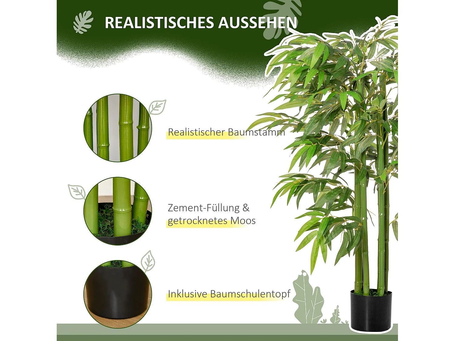 Bambou artificiel grand, feuilles réalistes, plastique, vert, pot stable noir (17x17x140cm)