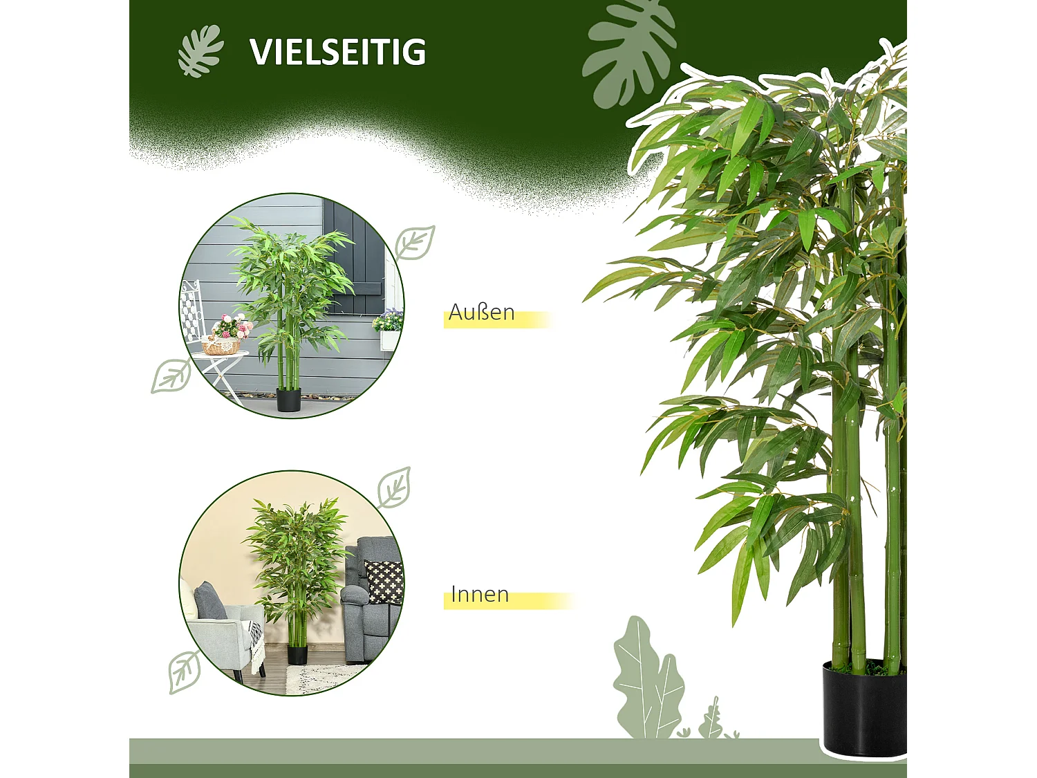 Bambou artificiel grand, feuilles réalistes, plastique, vert, pot stable noir (17x17x140cm)