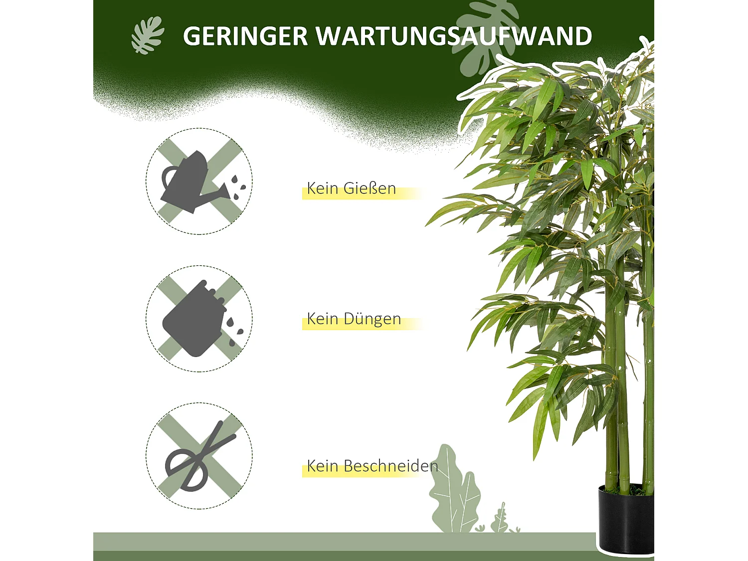 Bambou artificiel grand, feuilles réalistes, plastique, vert, pot stable noir (17x17x140cm)