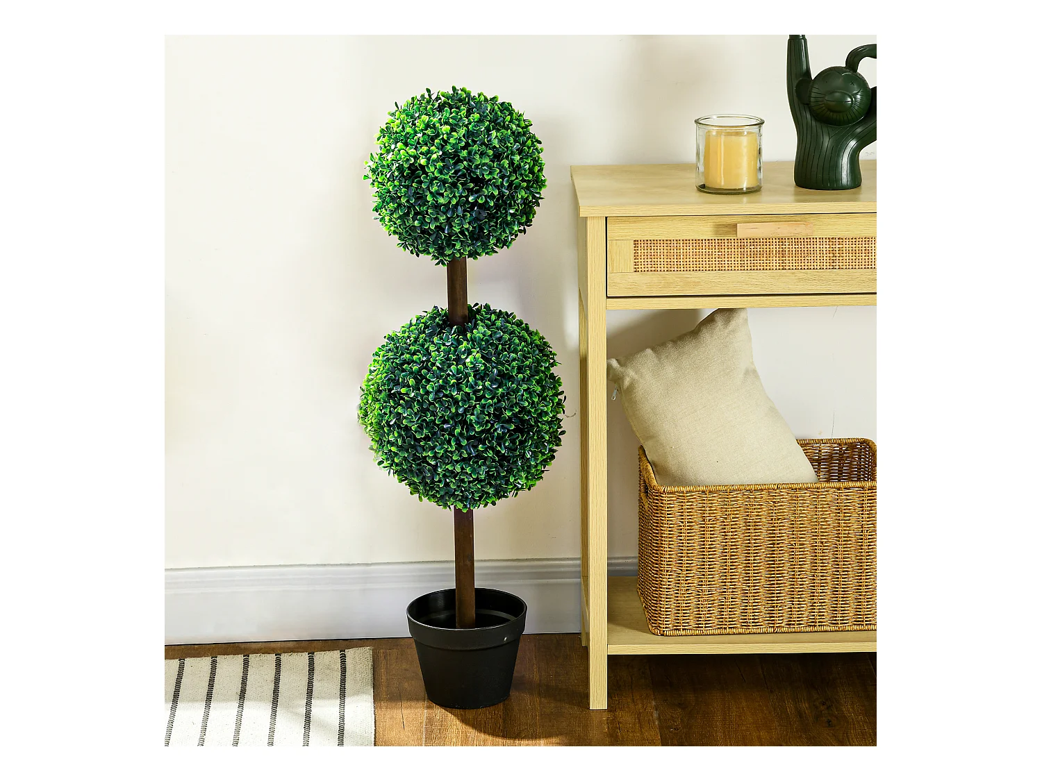 Set de 2 buis artificiels avec double boule, plante décorative UV résistante pour intérieur et extérieur, vert (18x18x90 cm)