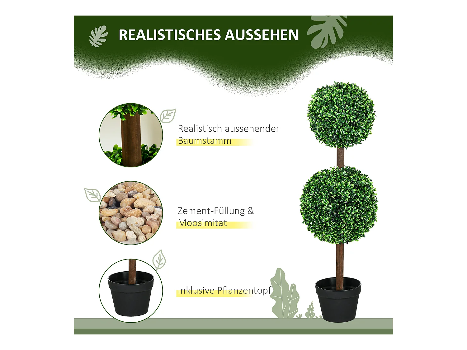 Set de 2 buis artificiels avec double boule, plante décorative UV résistante pour intérieur et extérieur, vert (18x18x90 cm)