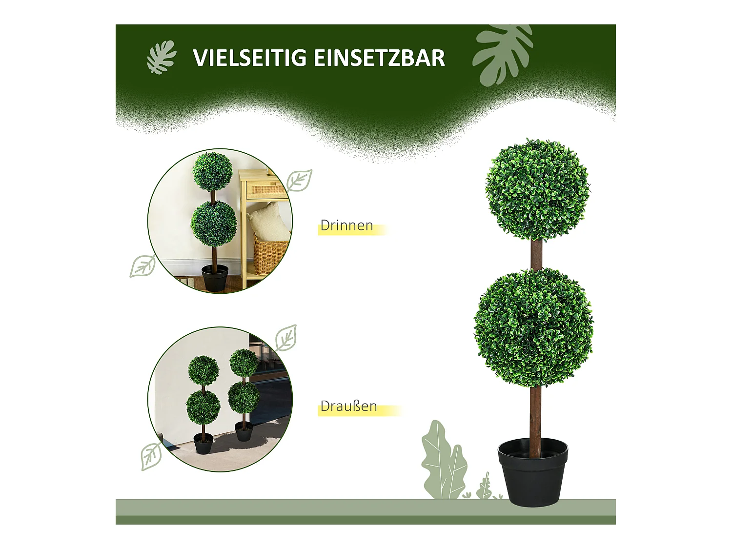 Set de 2 buis artificiels avec double boule, plante décorative UV résistante pour intérieur et extérieur, vert (18x18x90 cm)