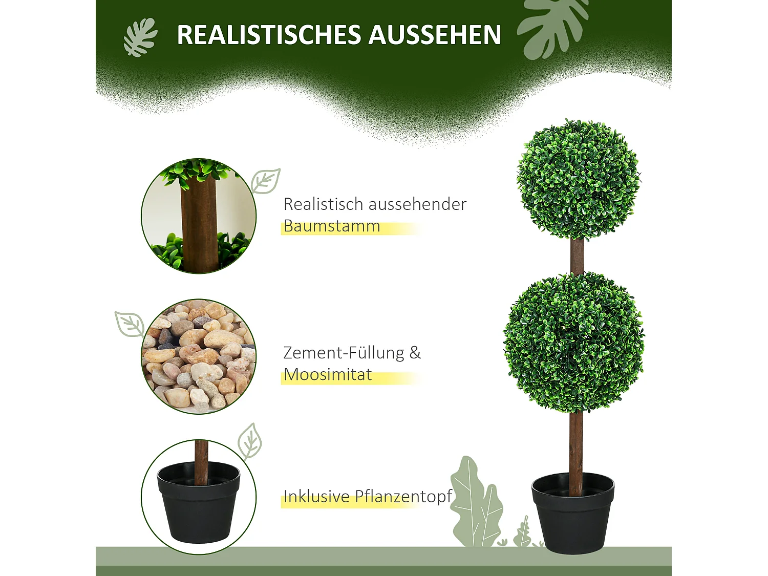Set de 2 buis artificiels avec double boule, plante décorative UV résistante pour intérieur et extérieur, vert (18x18x90 cm)