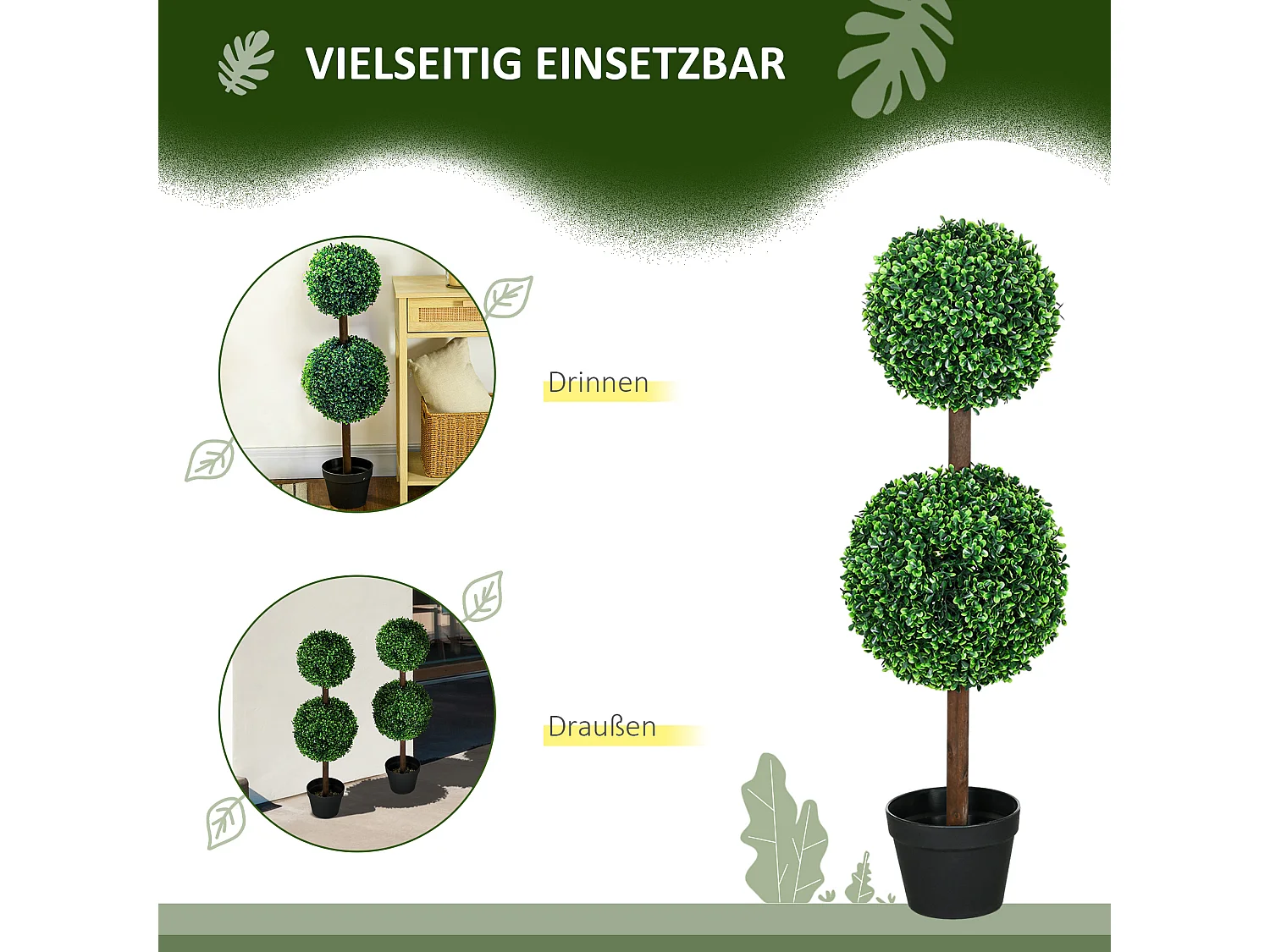 Set de 2 buis artificiels avec double boule, plante décorative UV résistante pour intérieur et extérieur, vert (18x18x90 cm)