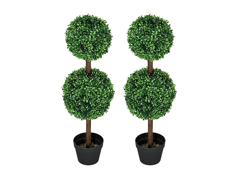 Conjunto de 2 bojs artificiales con doble bola, planta decorativa resistente a los rayos UV para uso interior y exterior, verde (18x18x90 cm)