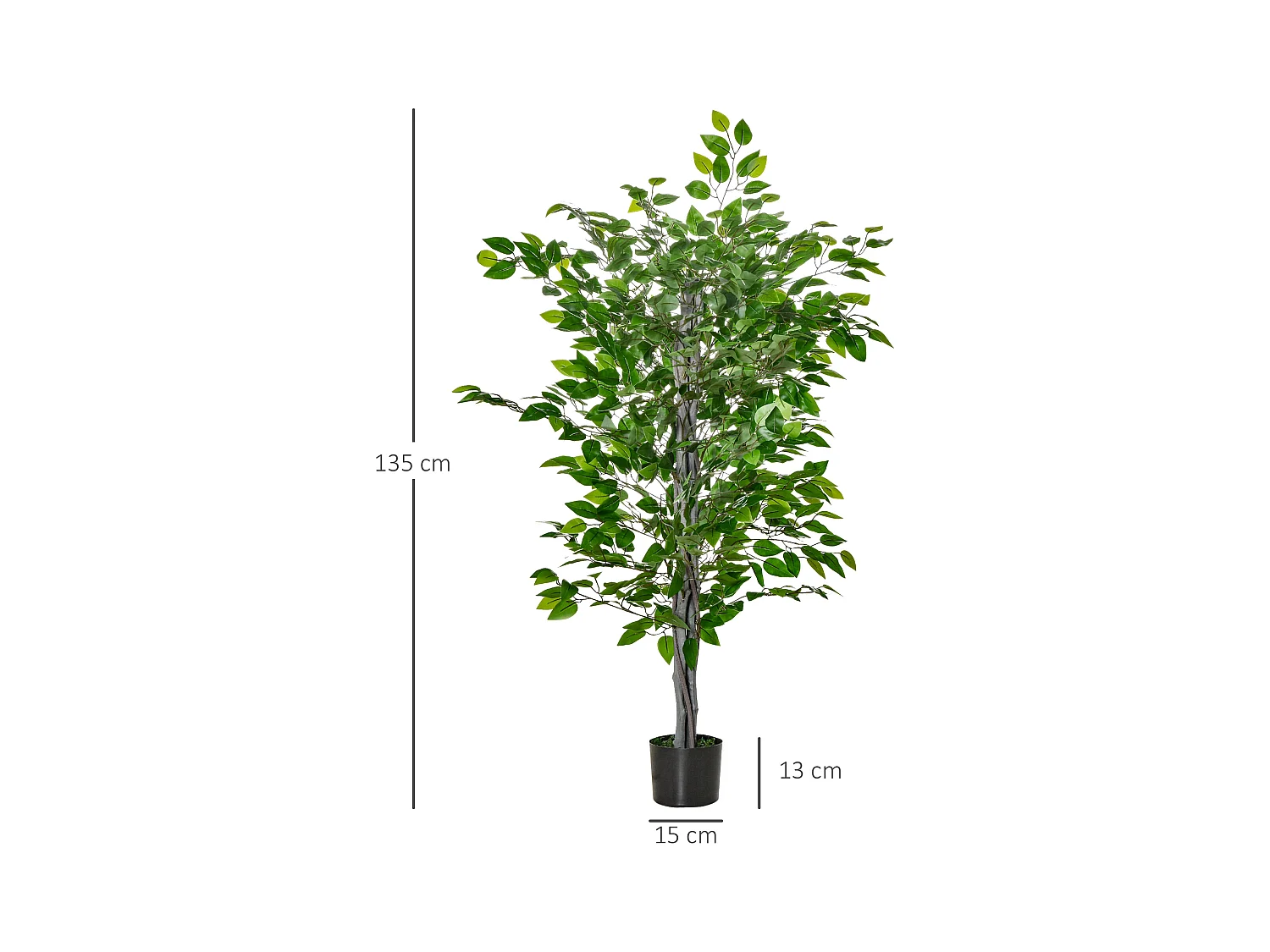 Ficus artificiel grand, plastique durable, pot ciment, vert naturel (15x15x135cm)