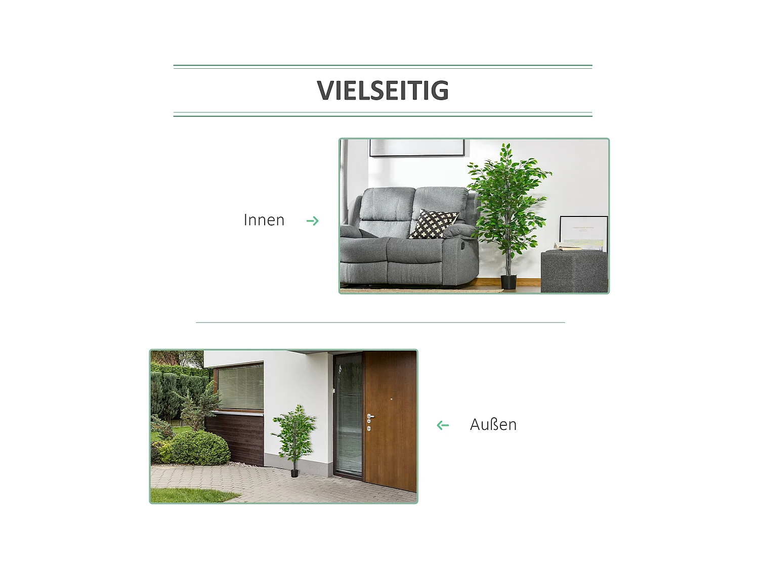 Ficus artificiel grand, plastique durable, pot ciment, vert naturel (15x15x135cm)