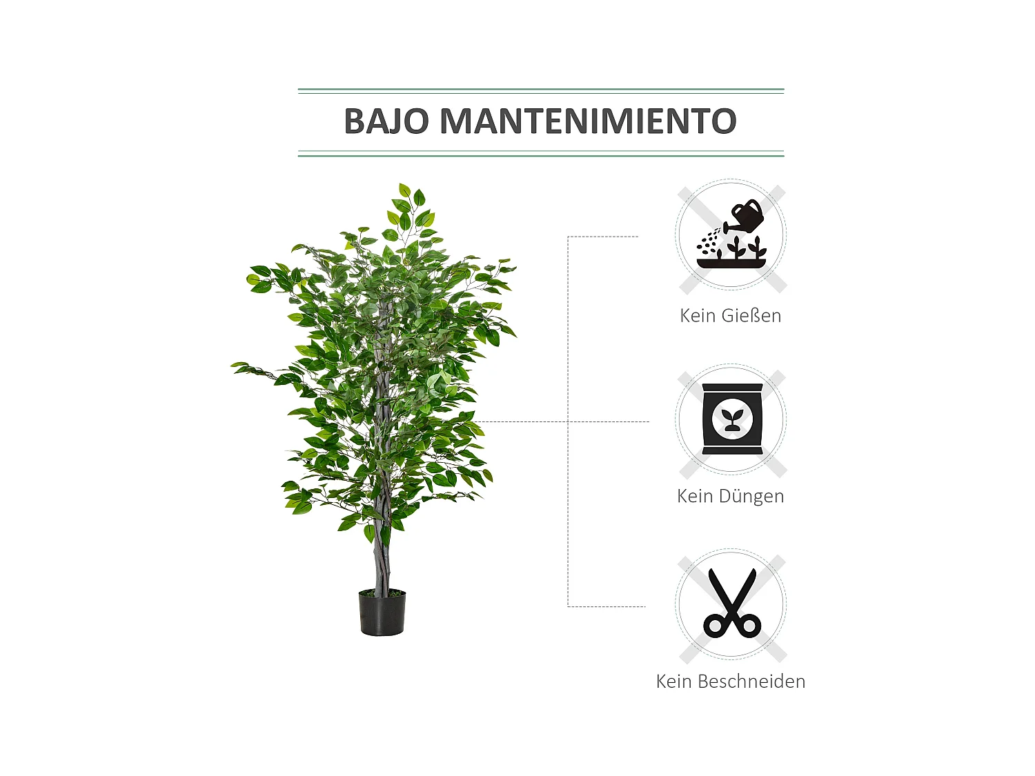 Ficus artificiel grand, plastique durable, pot ciment, vert naturel (15x15x135cm)