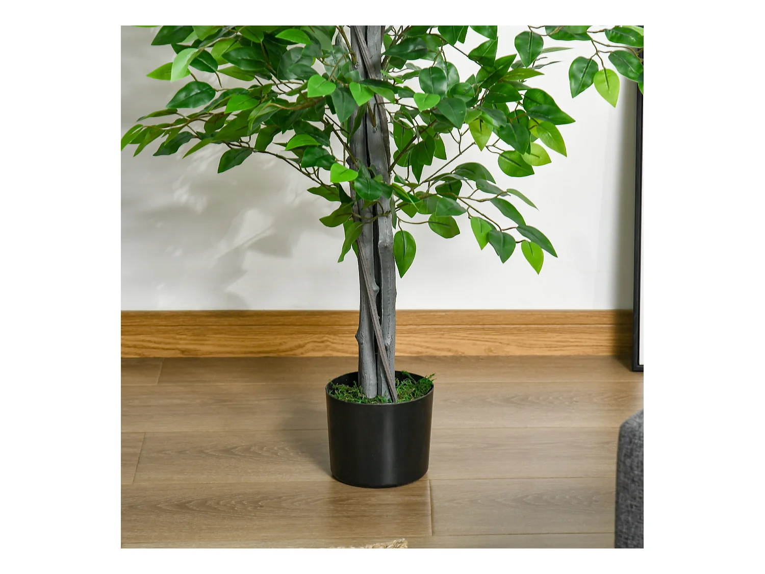 Ficus artificiel grand, plastique durable, pot ciment, vert naturel (15x15x135cm)
