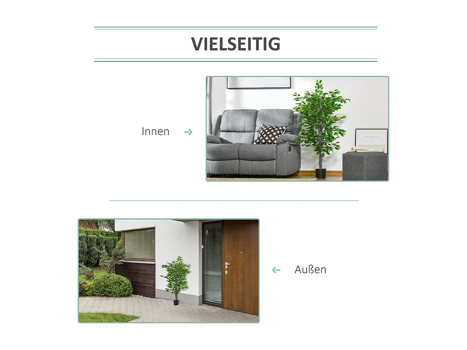 Ficus artificiel grand, plastique durable, pot ciment, vert naturel (15x15x135cm)