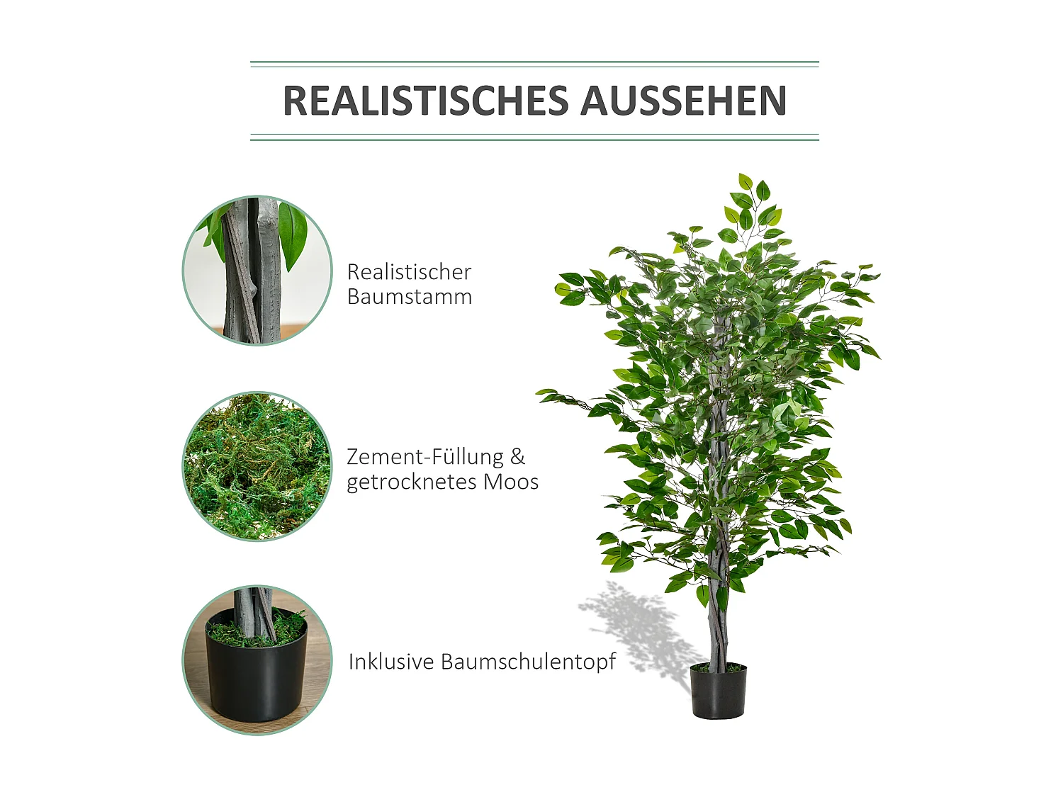 Ficus artificiel grand, plastique durable, pot ciment, vert naturel (15x15x135cm)