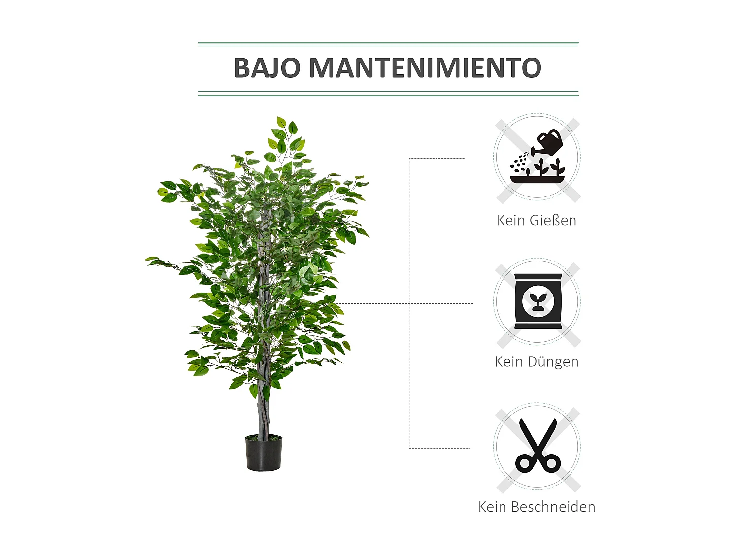 Ficus artificiel grand, plastique durable, pot ciment, vert naturel (15x15x135cm)
