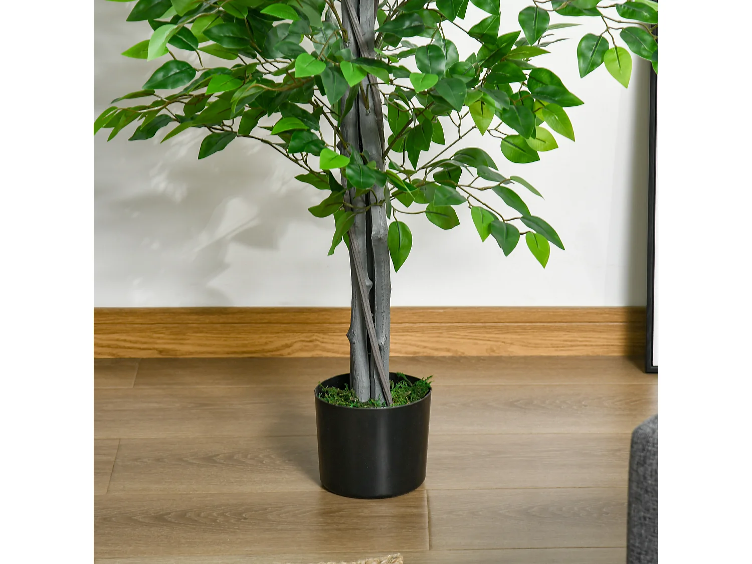 Ficus artificiel grand, plastique durable, pot ciment, vert naturel (15x15x135cm)
