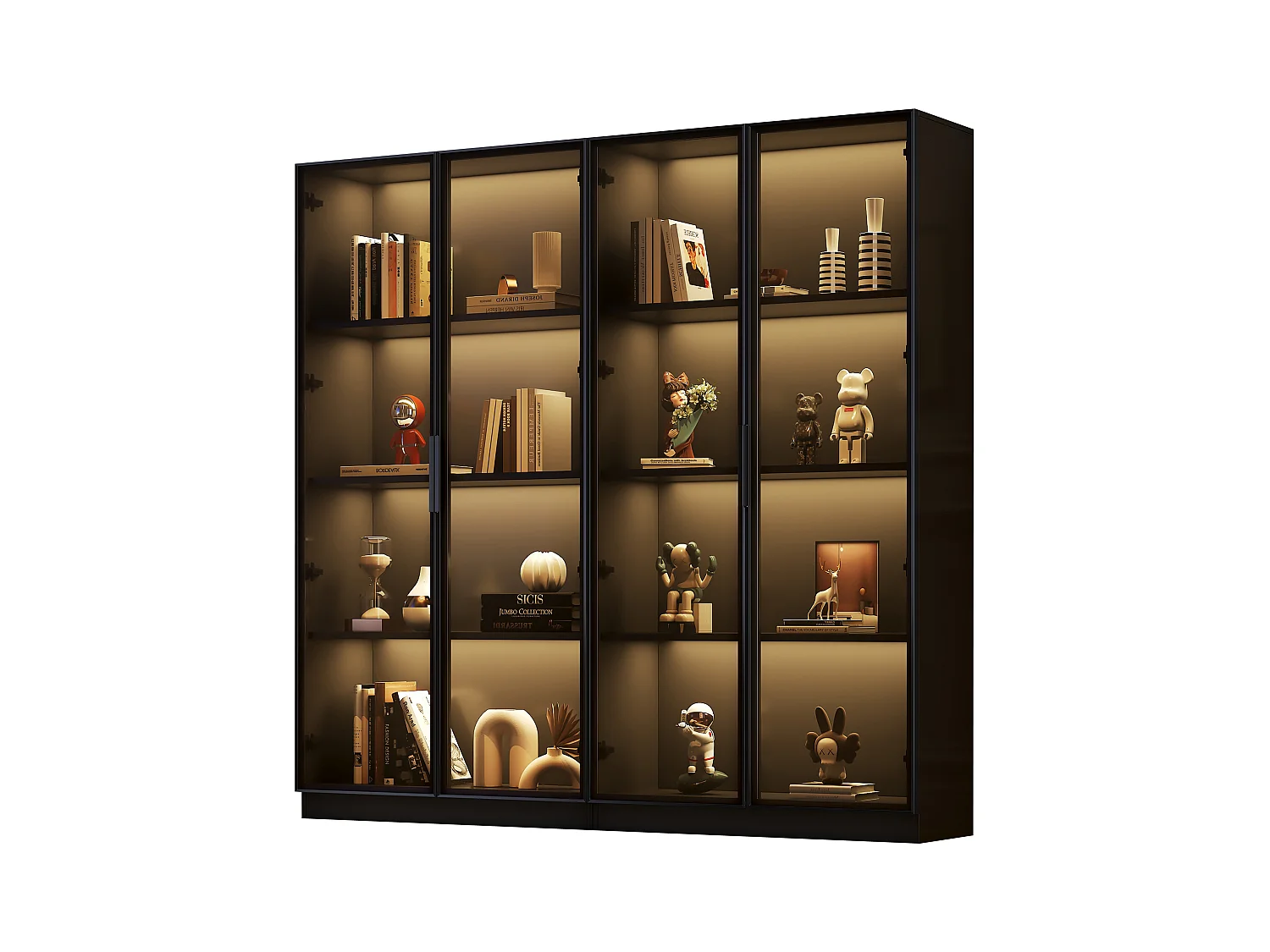 Vitrine en verre avec LED, 4 portes, étagères ajustables, noir (160x40x160 cm)