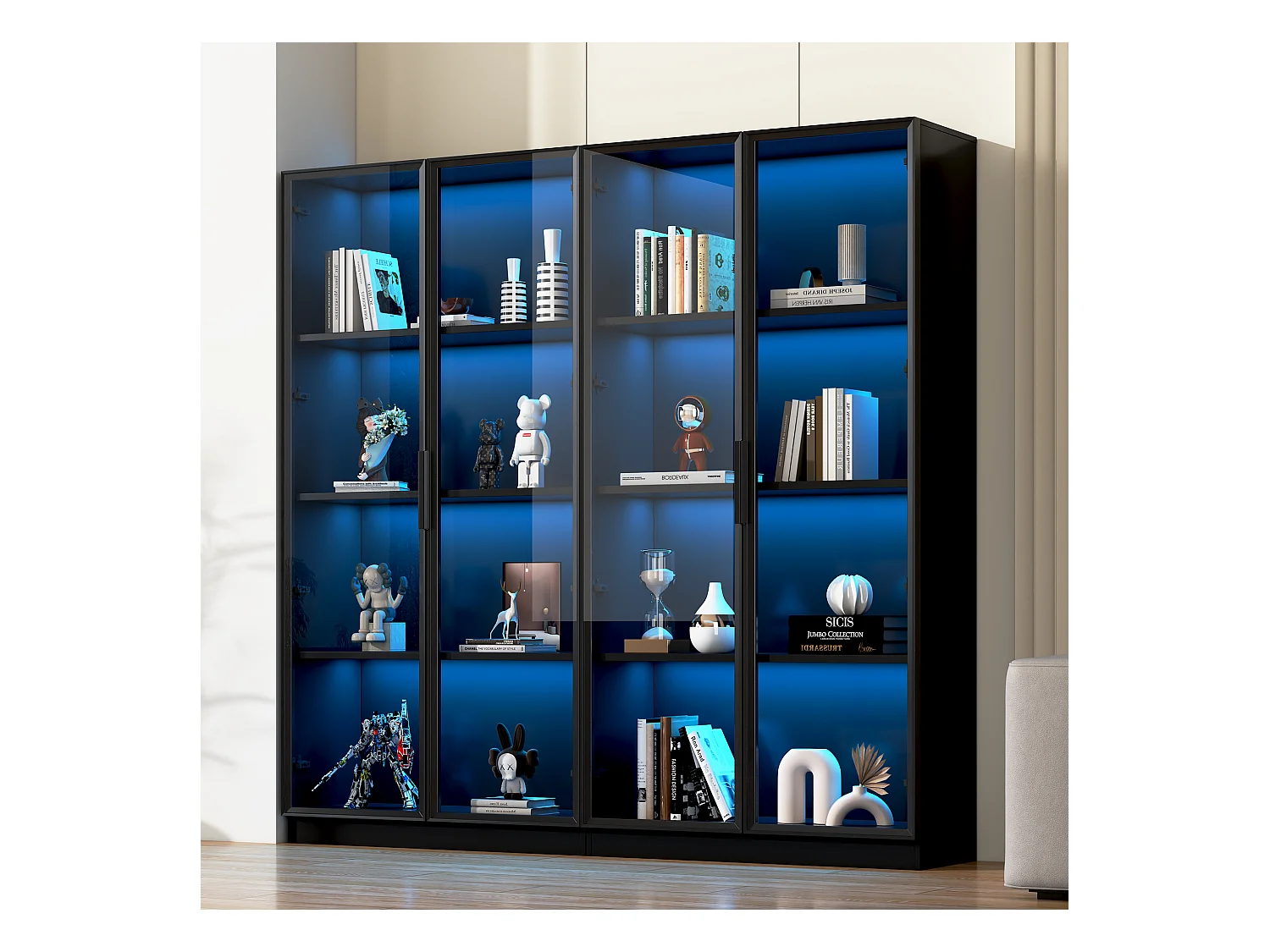 Vitrine en verre avec LED, 4 portes, étagères ajustables, noir (160x40x160 cm)