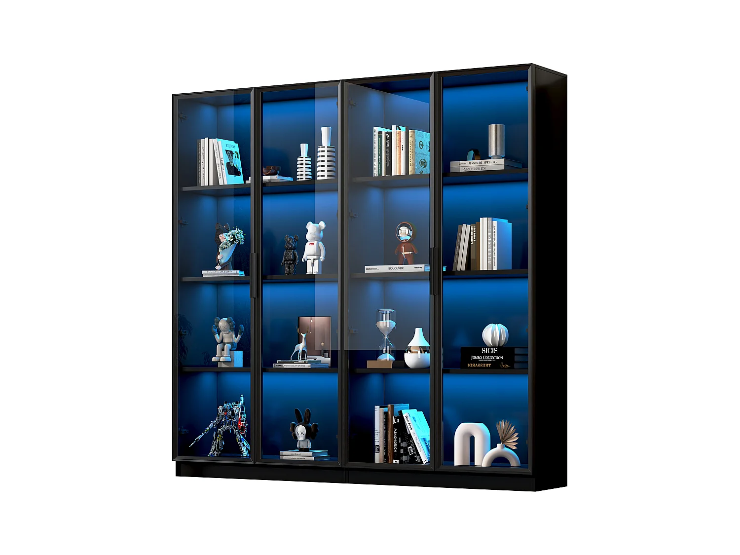 Vitrine en verre avec LED, 4 portes, étagères ajustables, noir (160x40x160 cm)