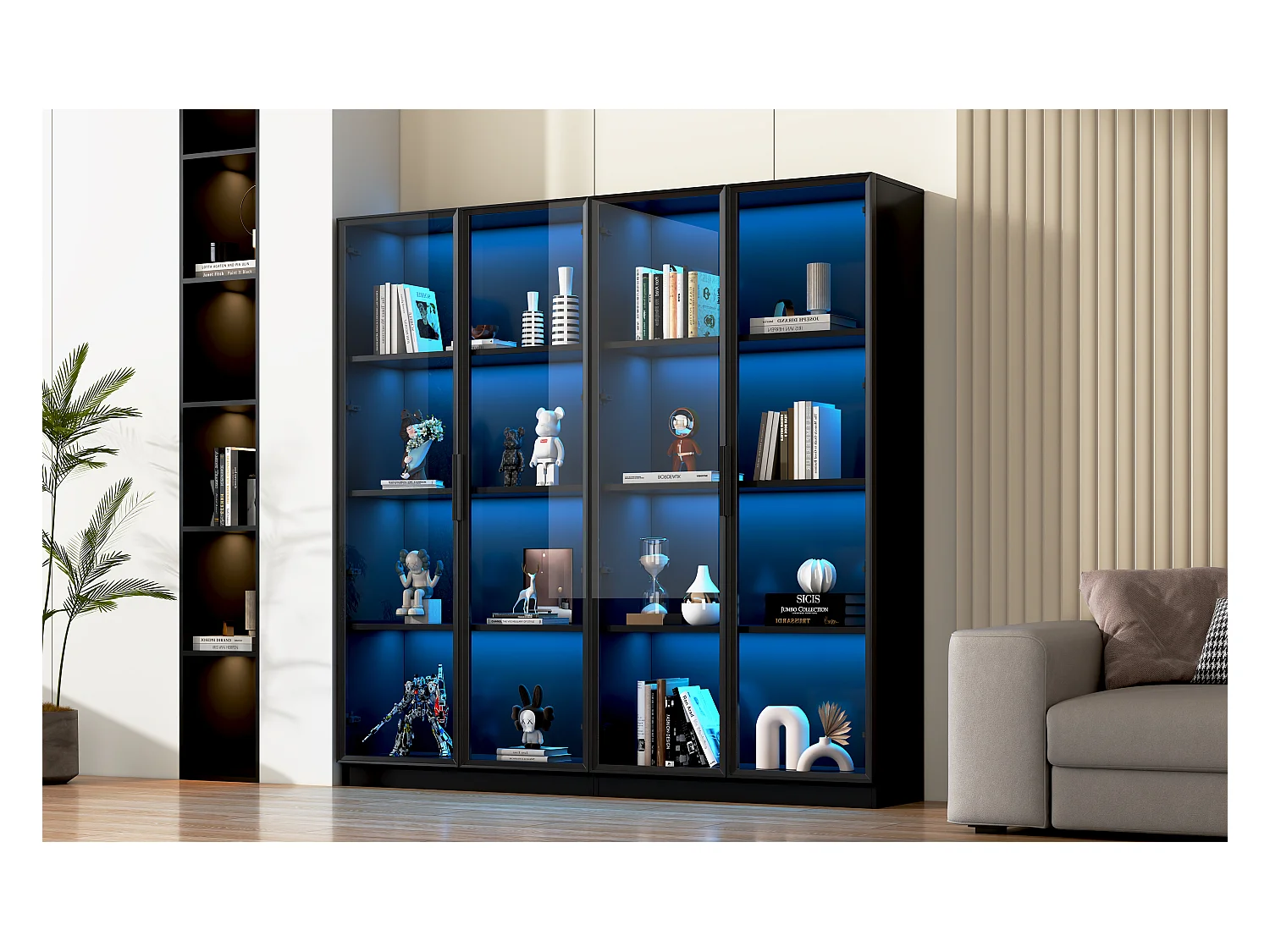 Vitrine en verre avec LED, 4 portes, étagères ajustables, noir (160x40x160 cm)