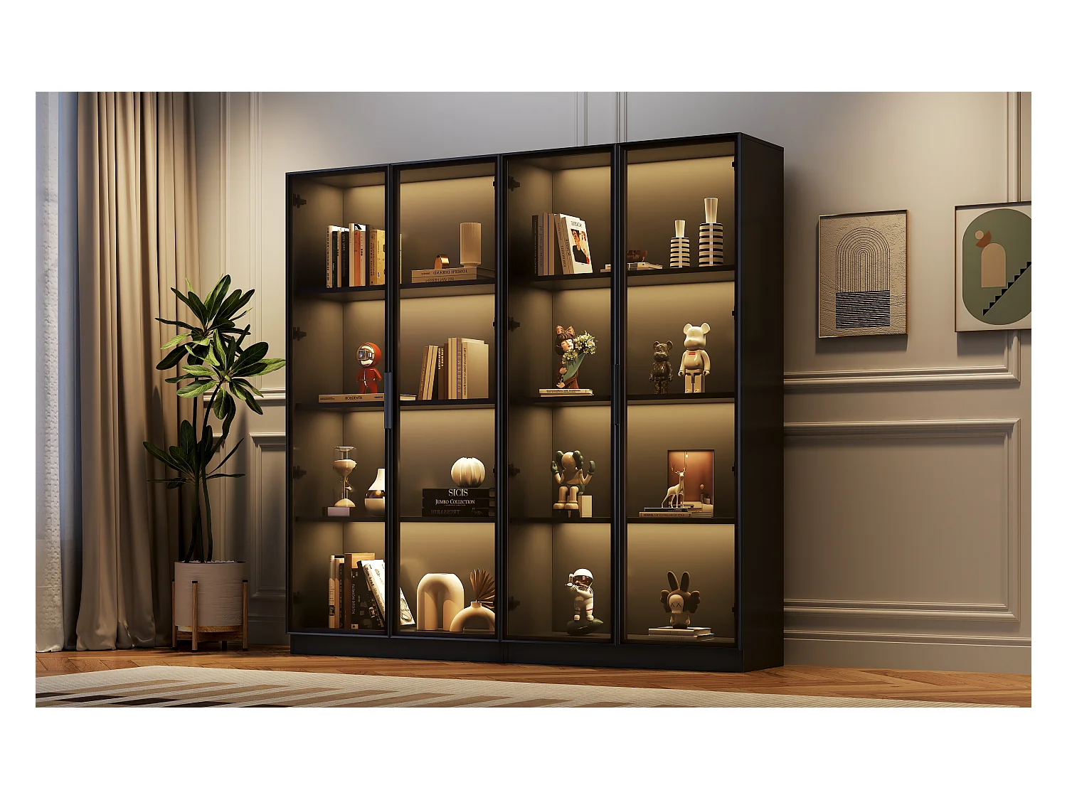 Vitrine en verre avec LED, 4 portes, étagères ajustables, noir (160x40x160 cm)