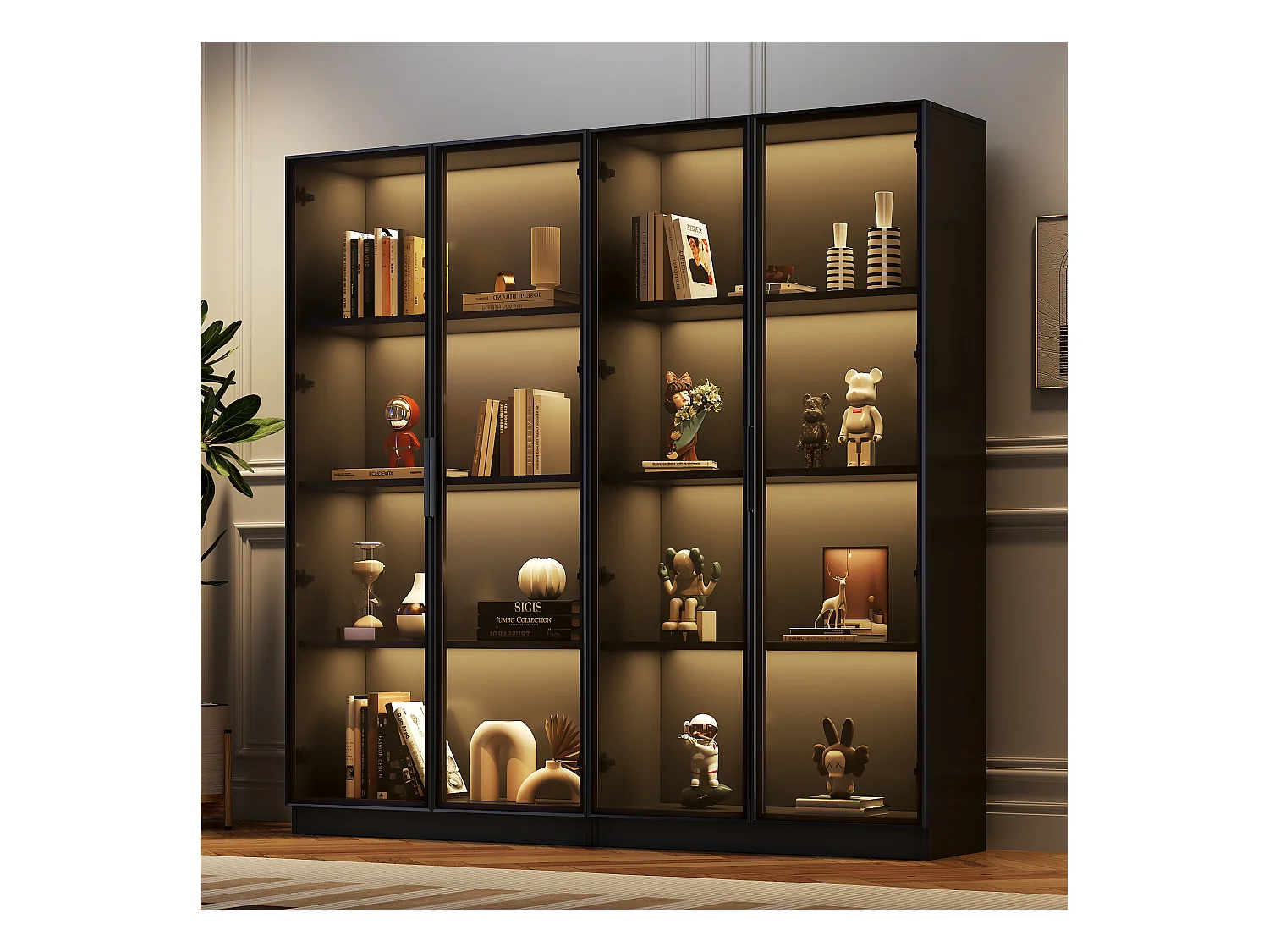 Vitrina de cristal con LED, 4 puertas, estantes regulables, color negro (160x40x160 cm)