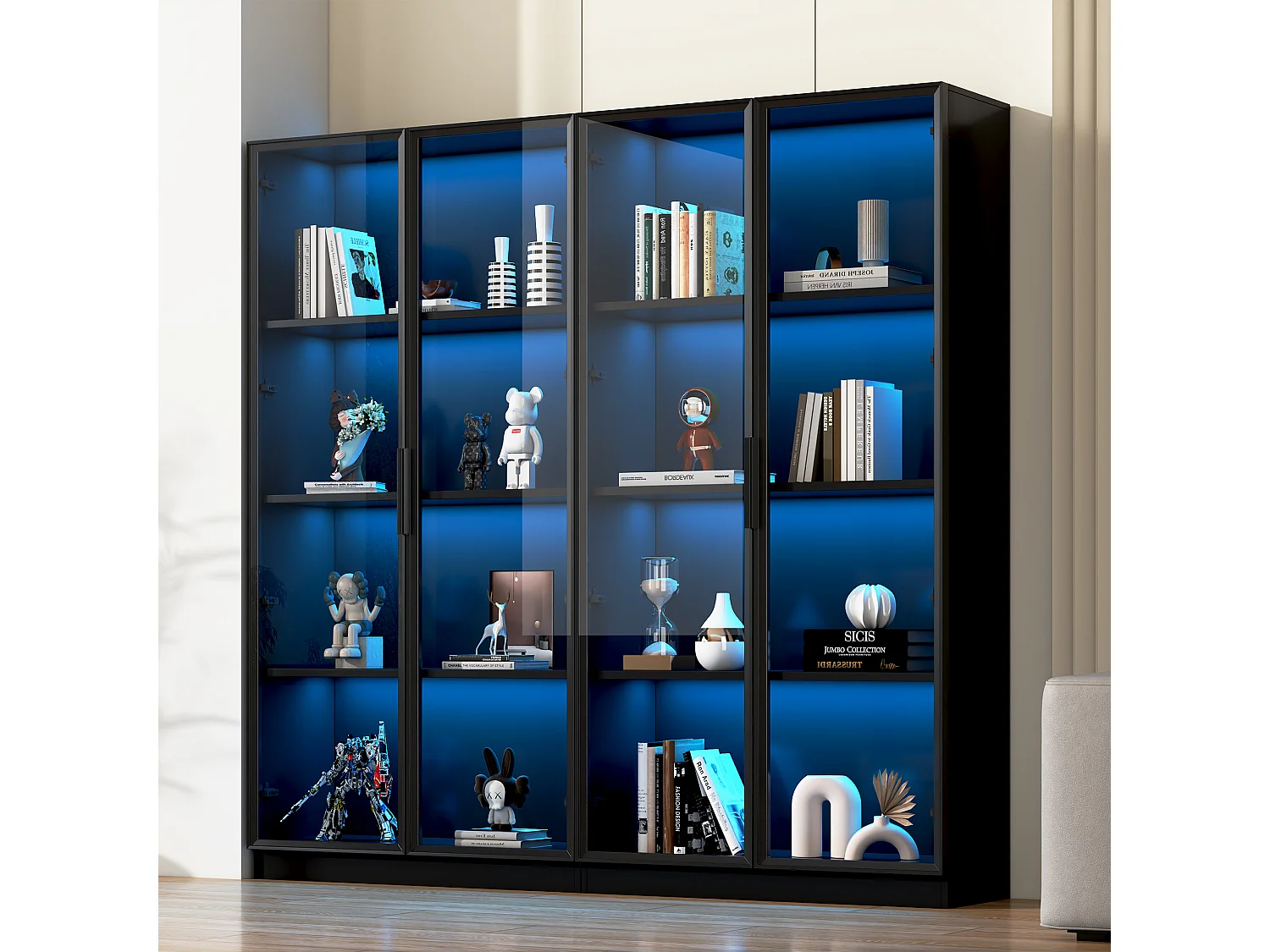 Vitrine en verre avec LED, 4 portes, étagères ajustables, noir (160x40x160 cm)
