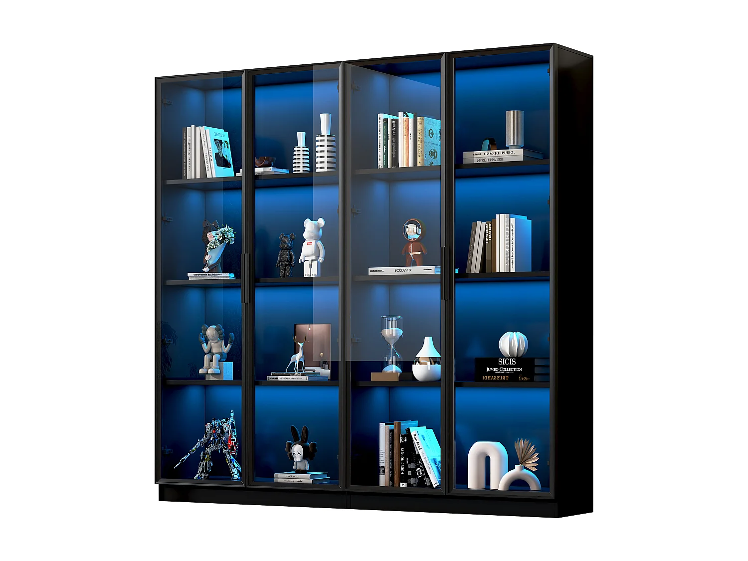 Vitrine en verre avec LED, 4 portes, étagères ajustables, noir (160x40x160 cm)