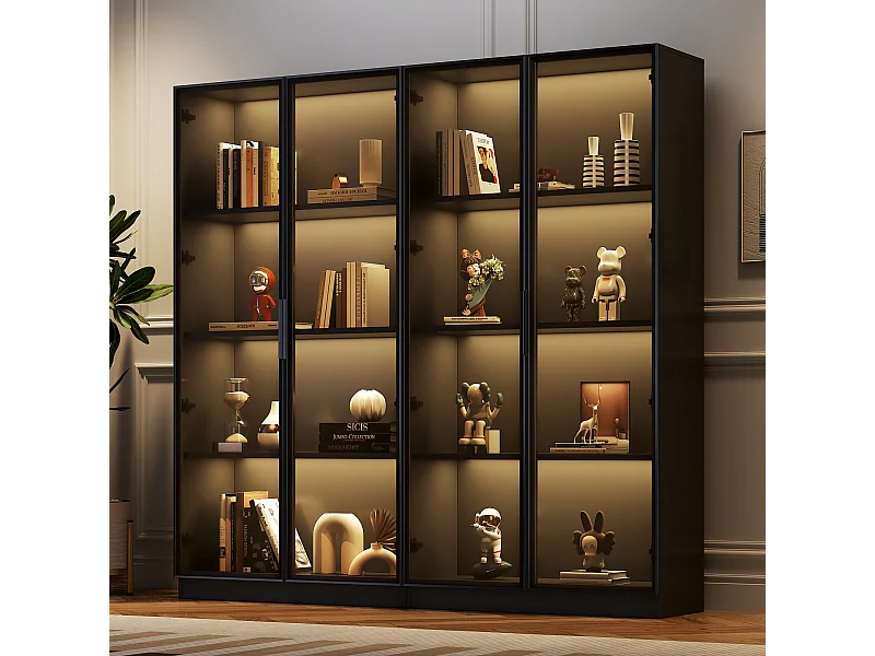 Vitrine en verre avec LED, 4 portes, étagères ajustables, noir (160x40x160 cm)