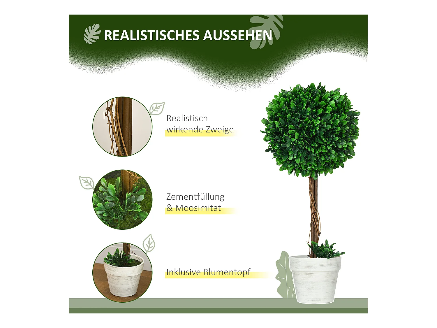 Set de 2 buis artificiels en pot, UV résistants, plastique et acier, vert (28x28x60cm)