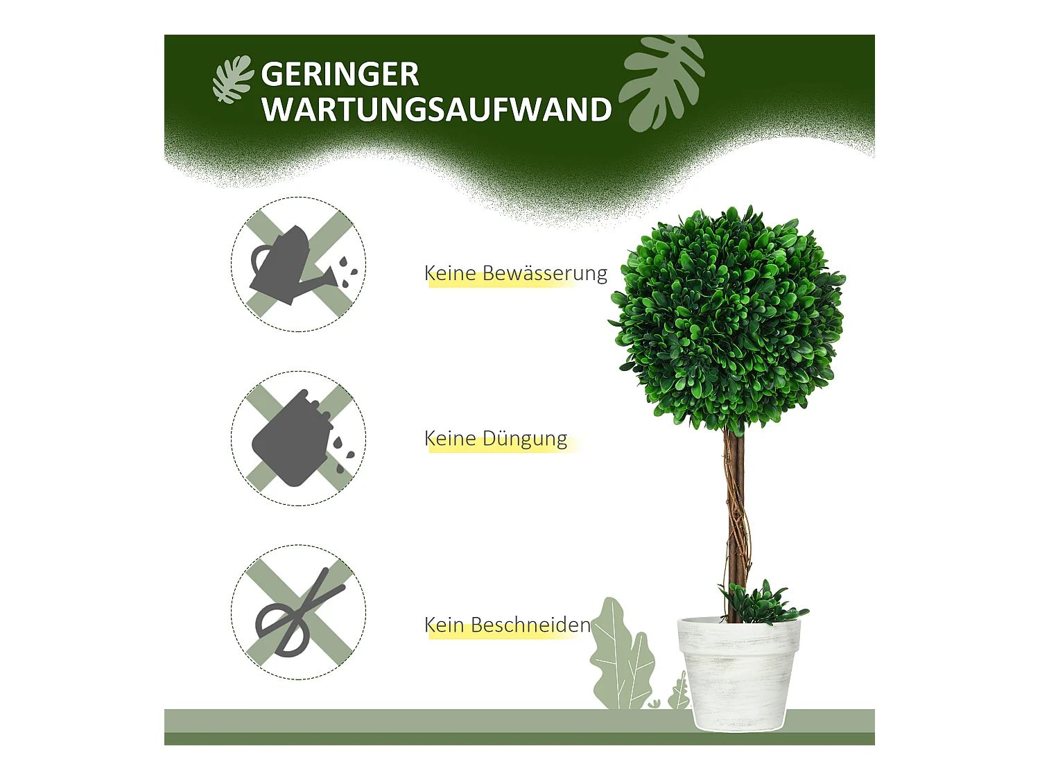 Set de 2 buis artificiels en pot, UV résistants, plastique et acier, vert (28x28x60cm)