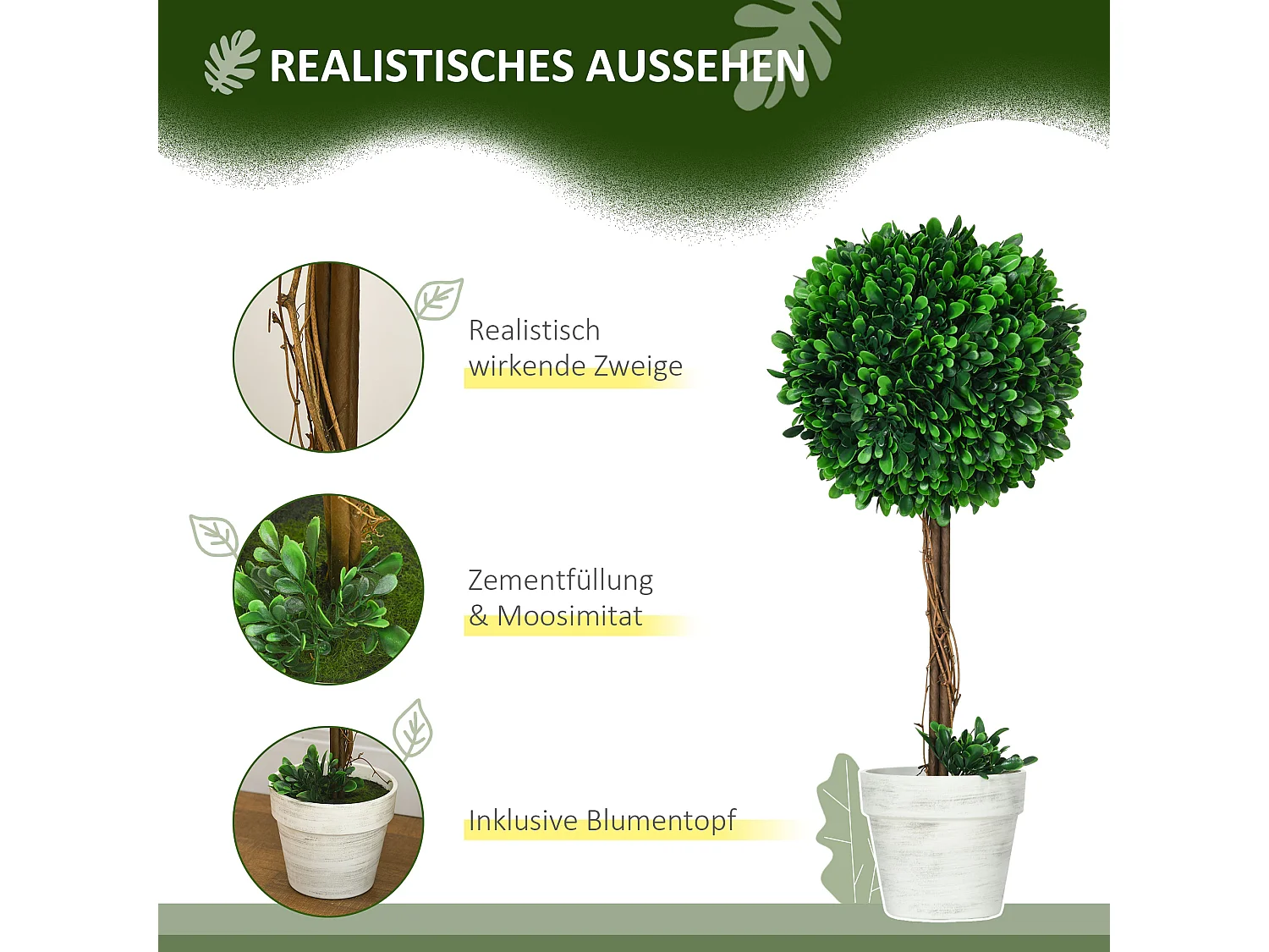 Set de 2 buis artificiels en pot, UV résistants, plastique et acier, vert (28x28x60cm)