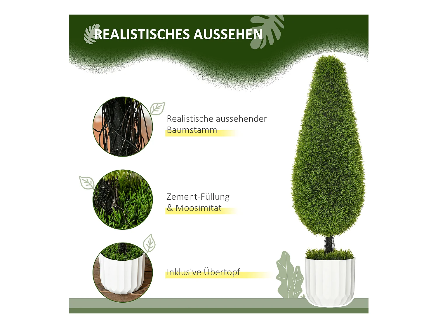 Plantes artificielles cyprès lot de 2, plastique, vert, pots avec mousse décorative (12x12x90 cm)