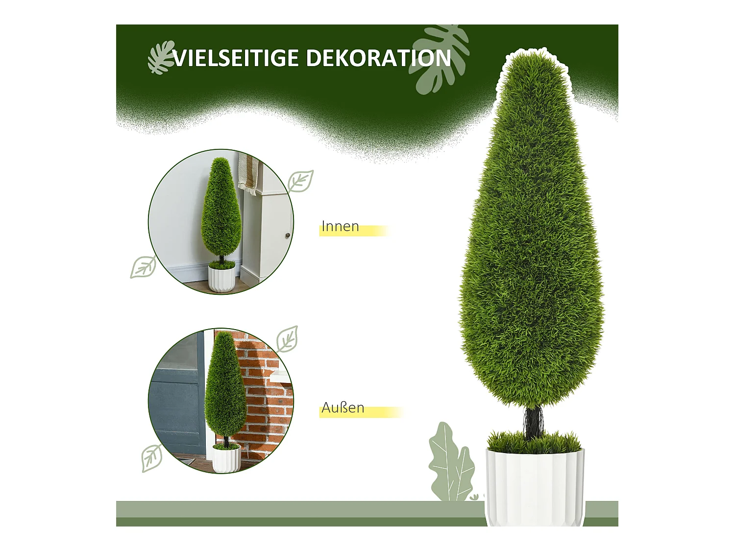 Plantes artificielles cyprès lot de 2, plastique, vert, pots avec mousse décorative (12x12x90 cm)