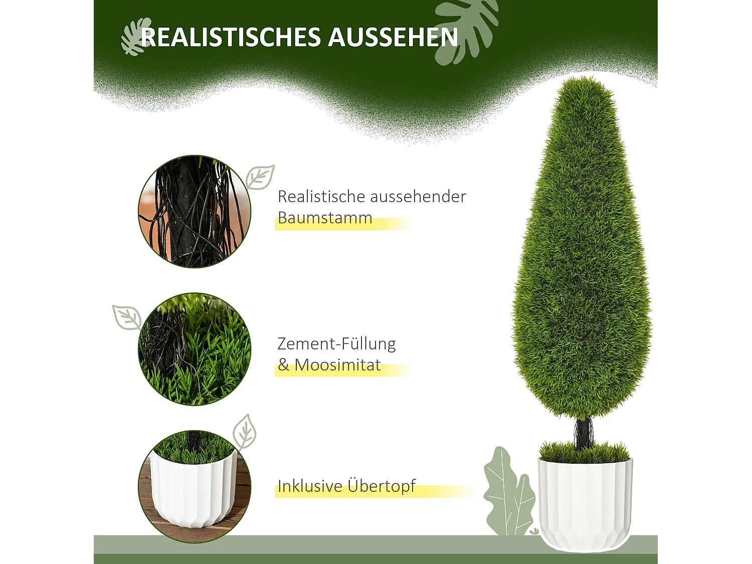 Plantes artificielles cyprès lot de 2, plastique, vert, pots avec mousse décorative (12x12x90 cm)