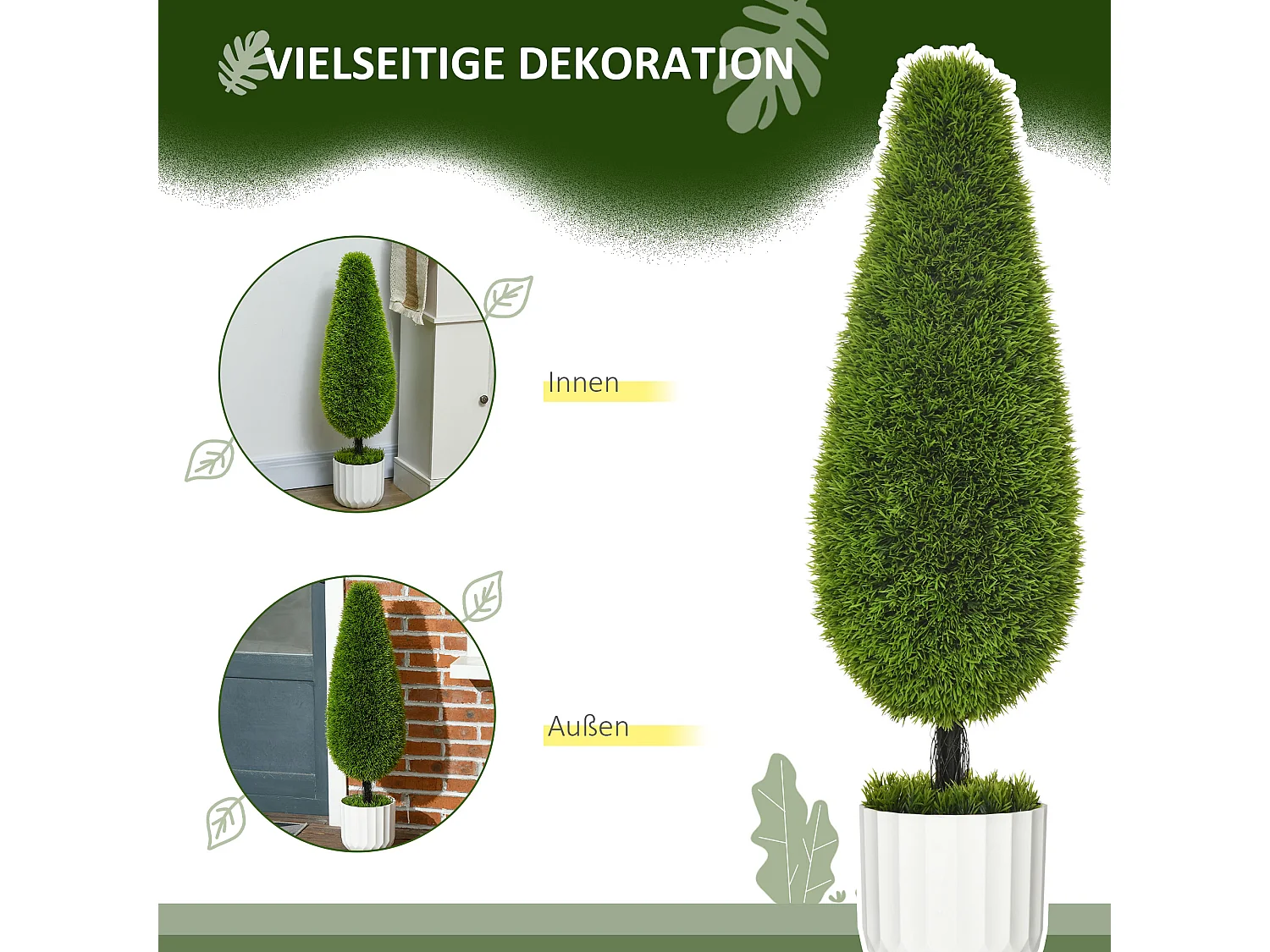 Plantes artificielles cyprès lot de 2, plastique, vert, pots avec mousse décorative (12x12x90 cm)