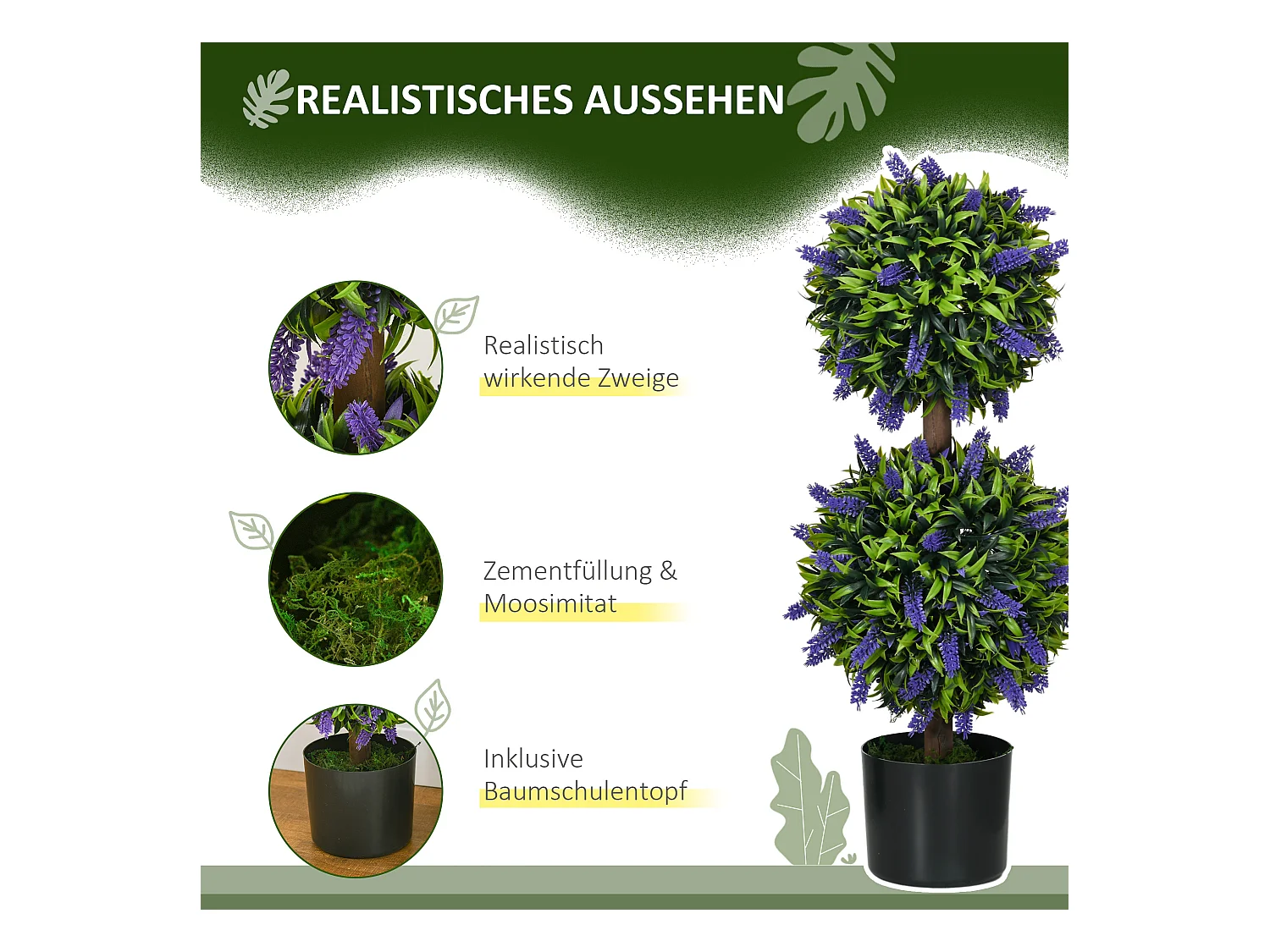 Lot de 2 plantes artificielles Lavande, 70 cm, résistant aux UV, dans pot décoratif (15x15x70 cm)