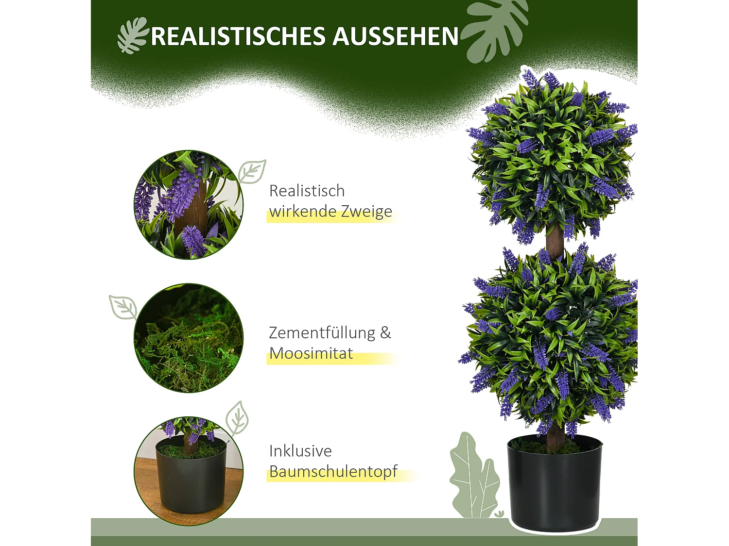 Lot de 2 plantes artificielles Lavande, 70 cm, résistant aux UV, dans pot décoratif (15x15x70 cm)