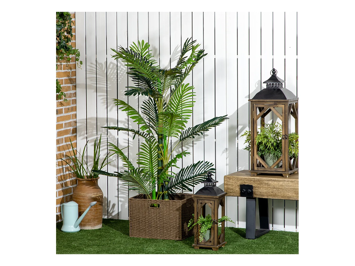 Palmier artificiel décoratif avec pot ciment, plastique durable, vert, stable et facile d'entretien (19.5x19.5x150cm)