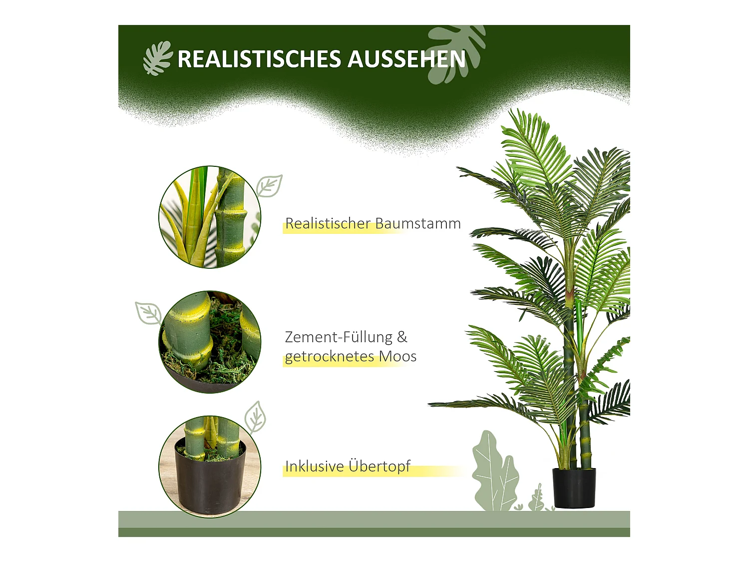 Palmier artificiel décoratif avec pot ciment, plastique durable, vert, stable et facile d'entretien (19.5x19.5x150cm)